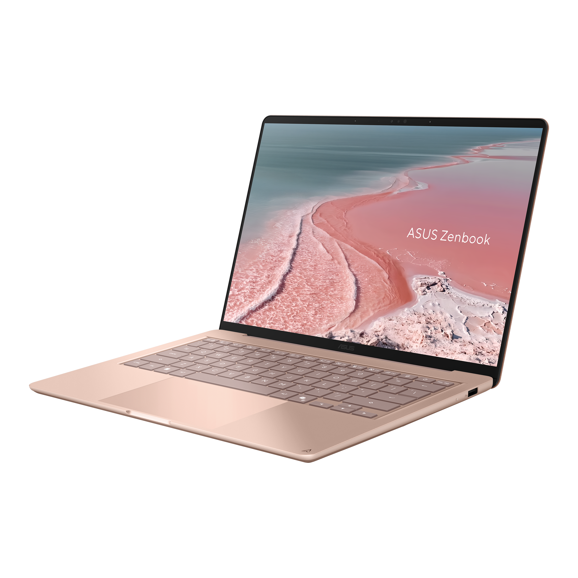 Ein roségoldener ASUS Zenbook Laptop auf schwarzem Hintergrund mit einem rosafarbenen Uferbild auf dem Bildschirm.