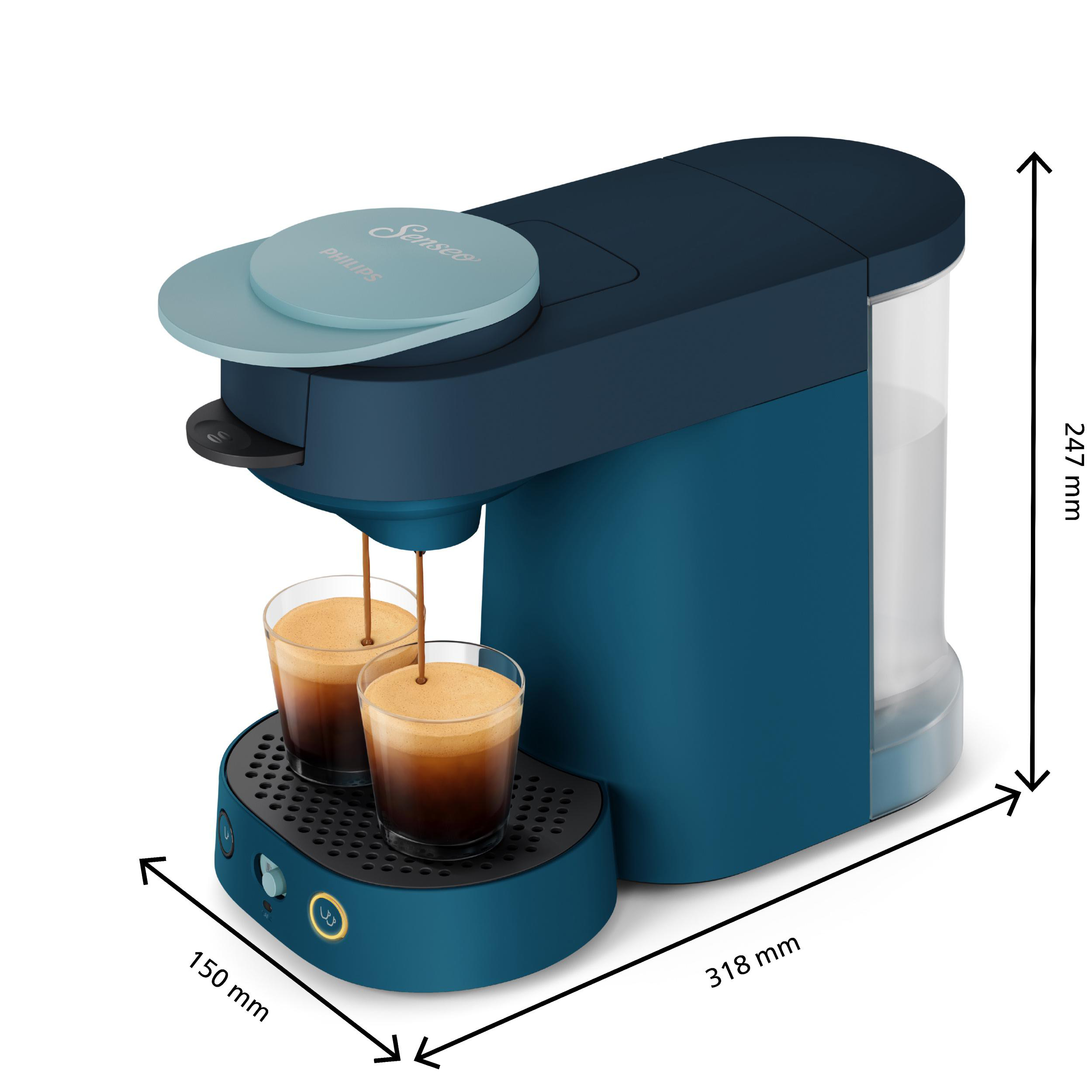 Blaue Senseo Kaffeemaschine mit Wassertank, die Kaffee in zwei Gläser füllt, mit Maßangaben.