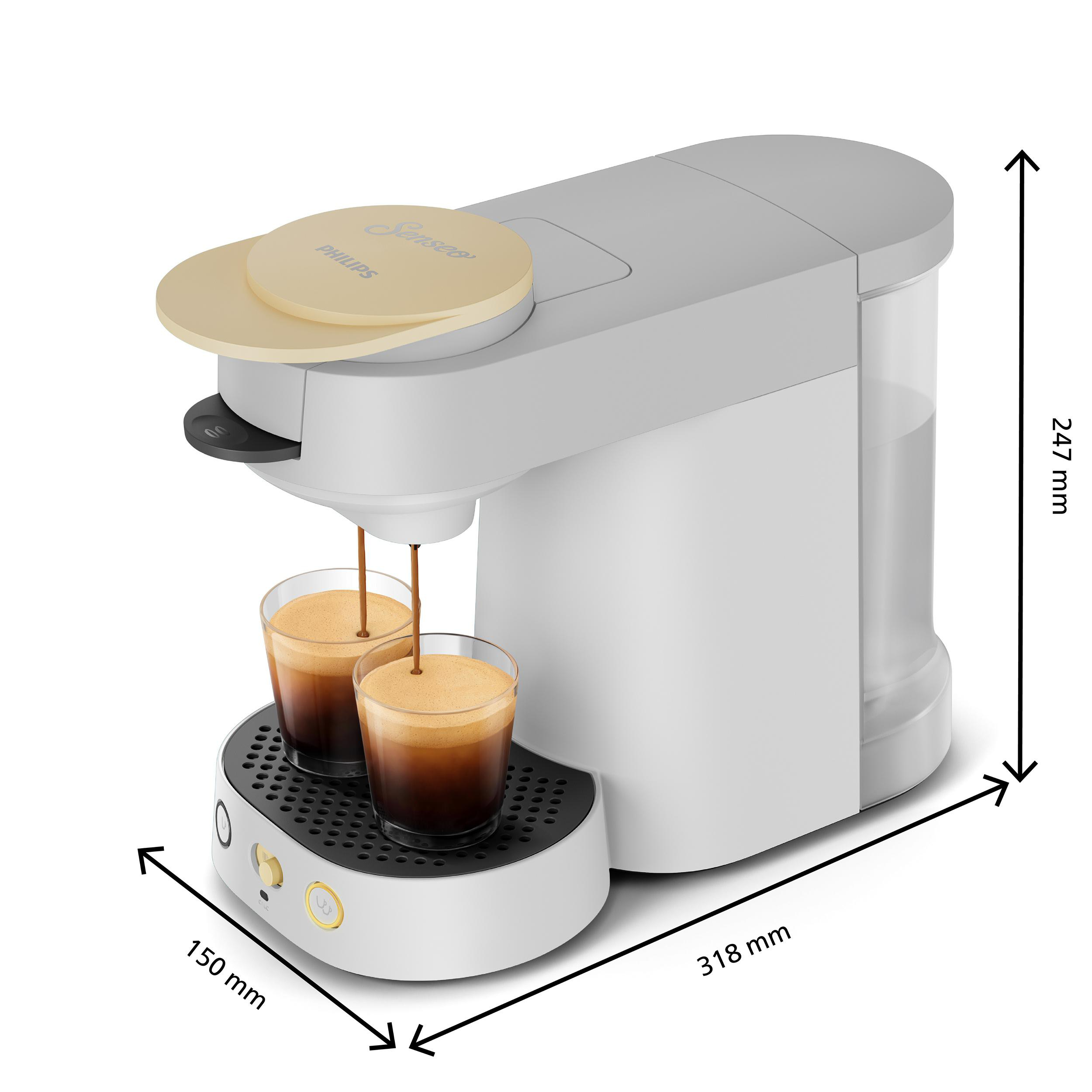 Weiße Philips Senseo Kaffeemaschine mit goldenem Deckel und zwei Gläsern, Maße 318x150x247 mm.