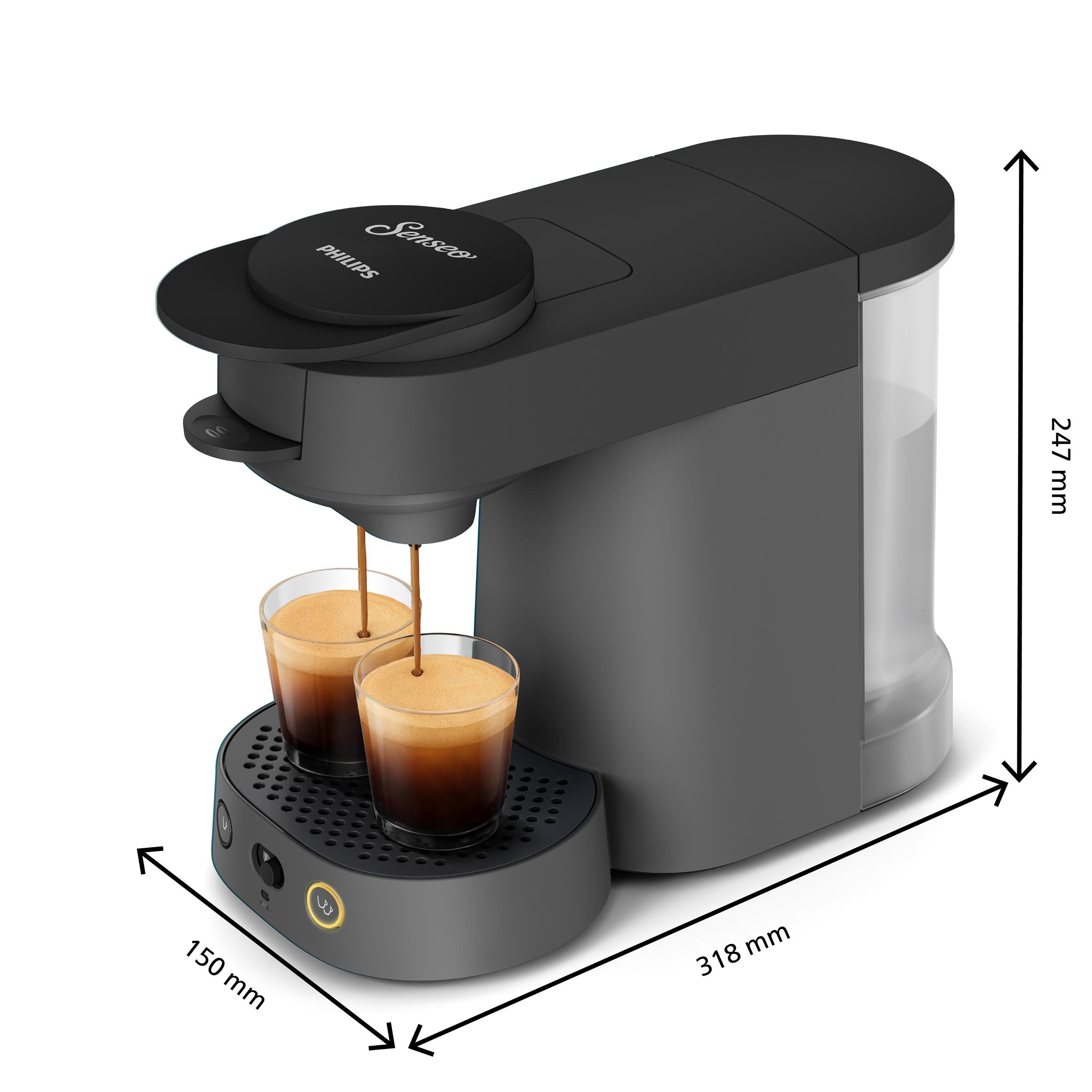 Schwarze Philips Senseo Kaffeemaschine (Maße 247x150x318 mm) gießt Kaffee in zwei Gläser.