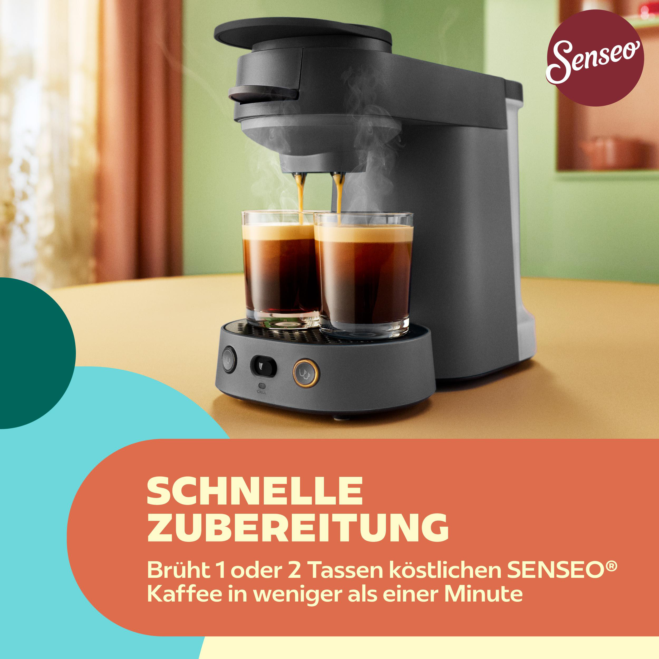 Eine graue Senseo-Kaffeemaschine brüht zwei Tassen Kaffee auf einem Tisch mit deutscher Textüberlagerung.