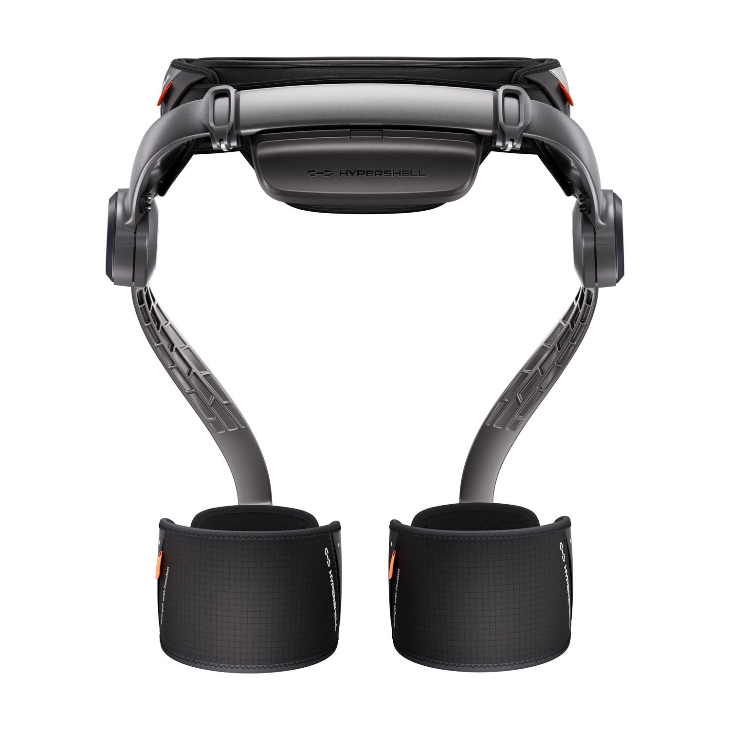 Un esoscheletro Hypershell grigio scuro con cintura e due supporti per le gambe su sfondo bianco.