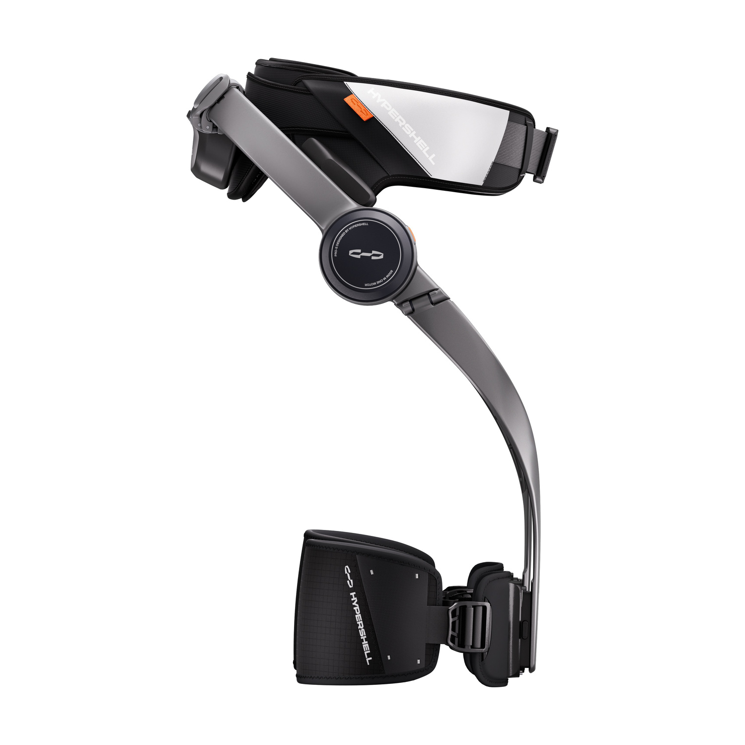 Esoscheletro Hypershell grigio e nero con cintura e supporto per le gambe su sfondo bianco.