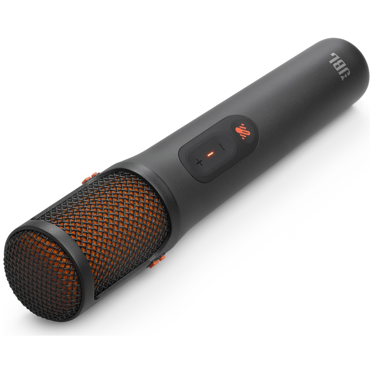 Zwarte JBL microfoon met oranje rooster en bedieningsknoppen op witte achtergrond.