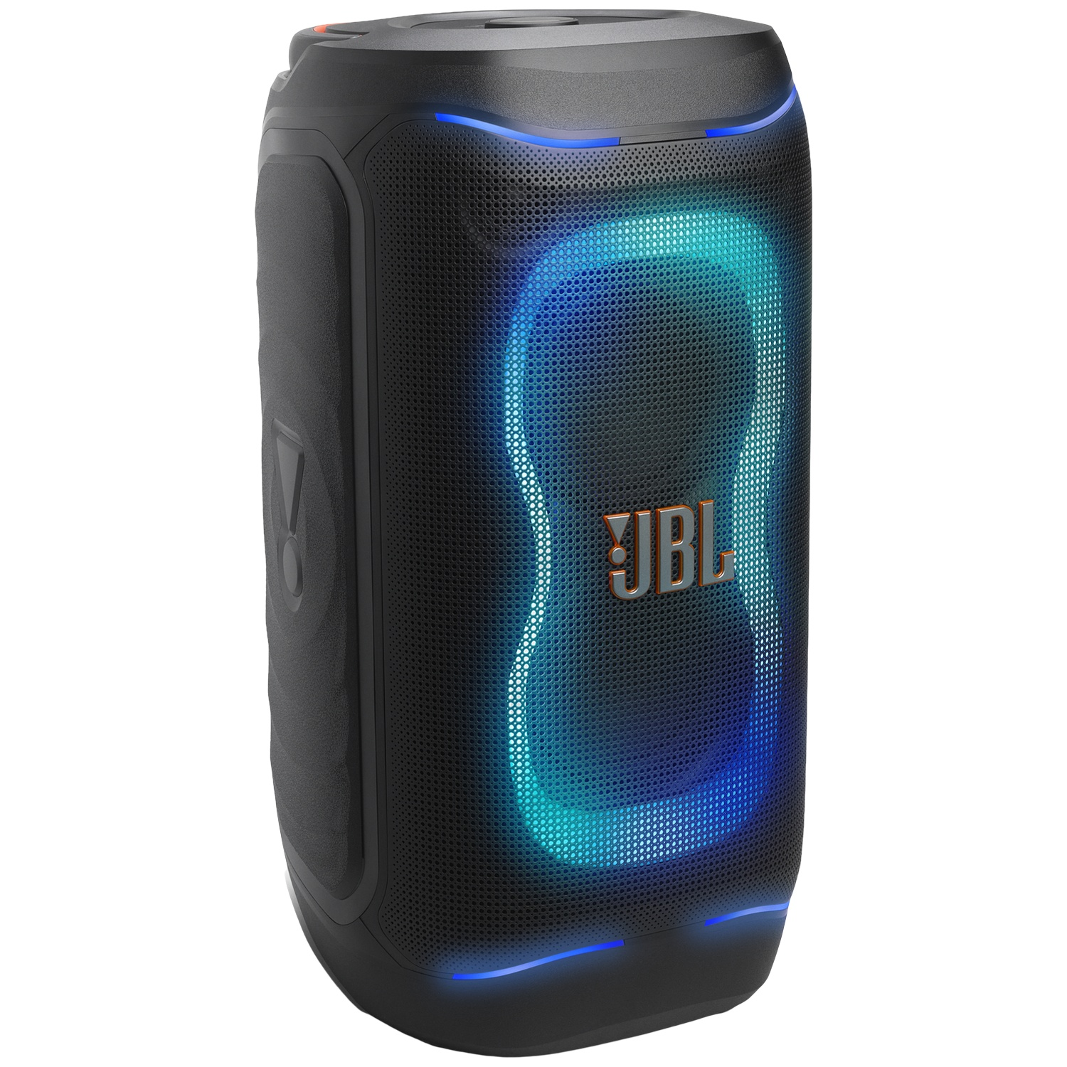 Zwarte draagbare JBL-feestluidspreker met blauwe en cyaan LED-verlichting en een zilveren logo.