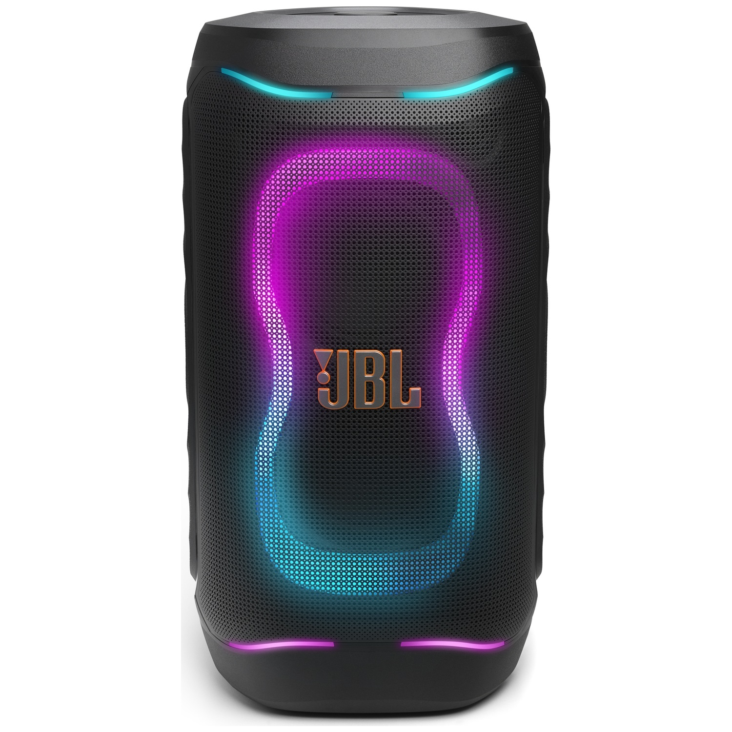 Zwarte JBL bluetooth-speaker met roze en blauwe led-verlichting op de grille.