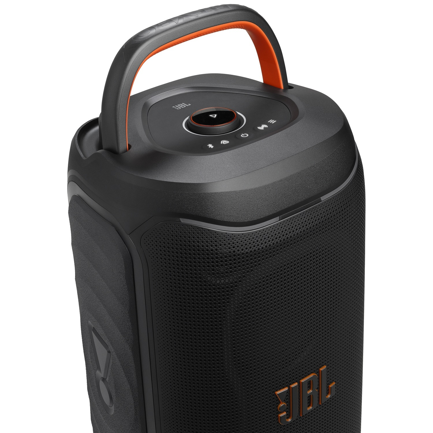 Zwarte draadloze JBL-speaker met handvat en oranje accenten.