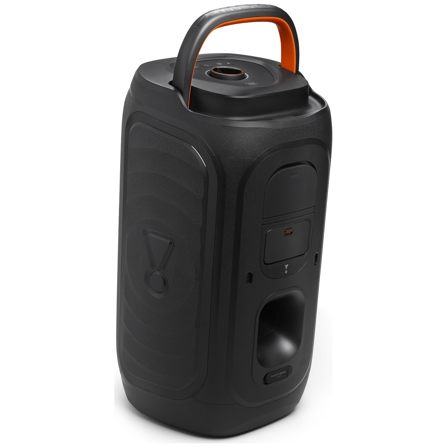 Een zwarte draadloze speaker met een oranje accent op de handgreep.