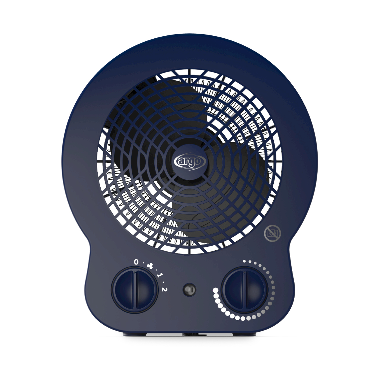 Ventilatore da tavolo blu scuro con griglia di protezione e due manopole su sfondo bianco.