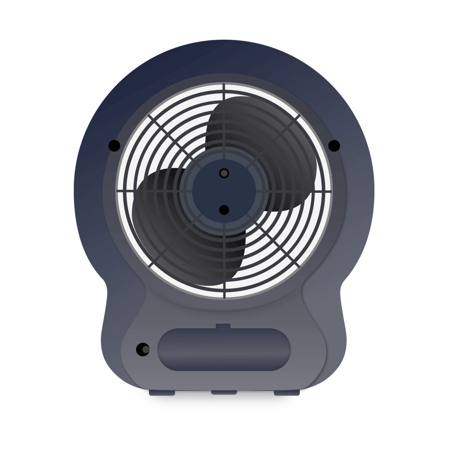 Ventilatore elettrico blu scuro con griglia circolare su sfondo bianco.