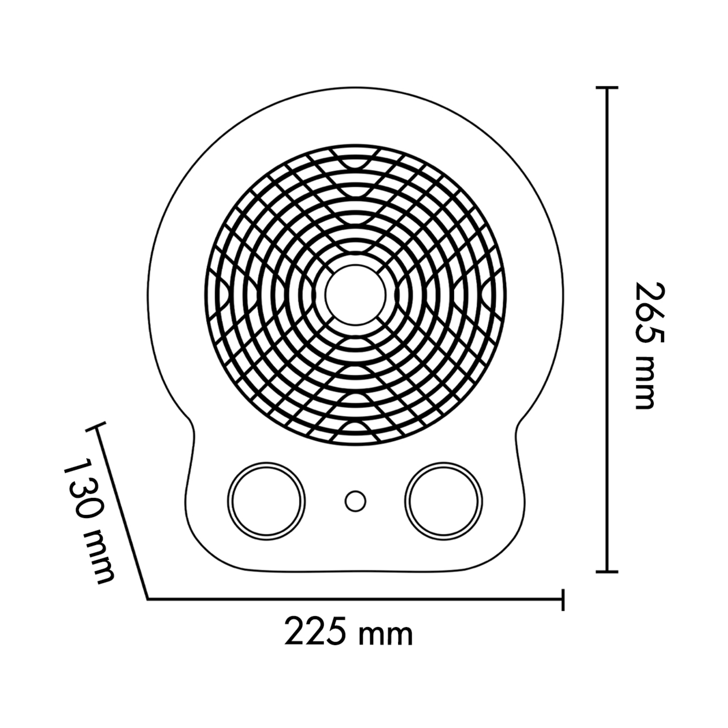 Disegno tecnico di un dispositivo con dimensioni di 265 mm di altezza, 225 mm di larghezza e 130 mm di profondità.