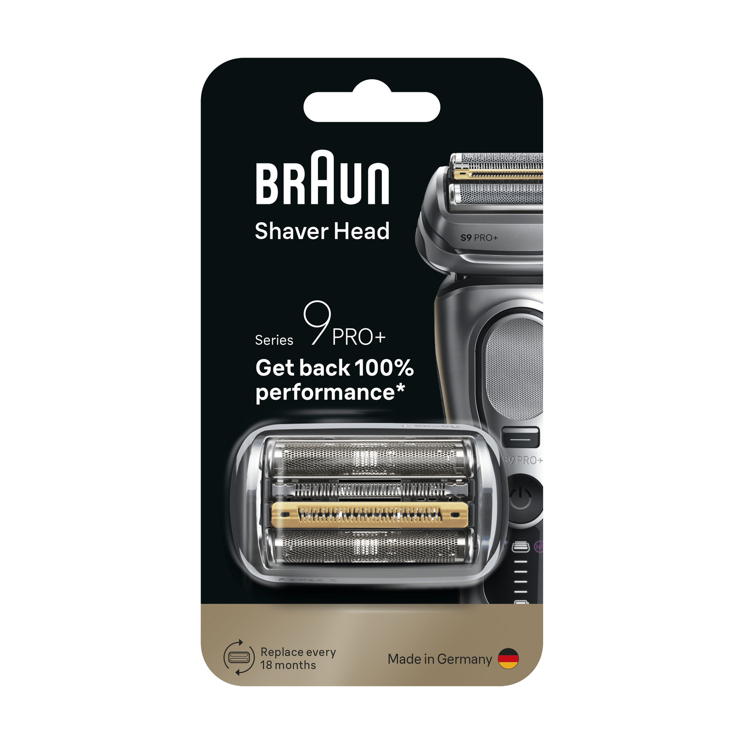 Testina per rasoio Braun Series 9 Pro+ in confezione originale su sfondo nero.