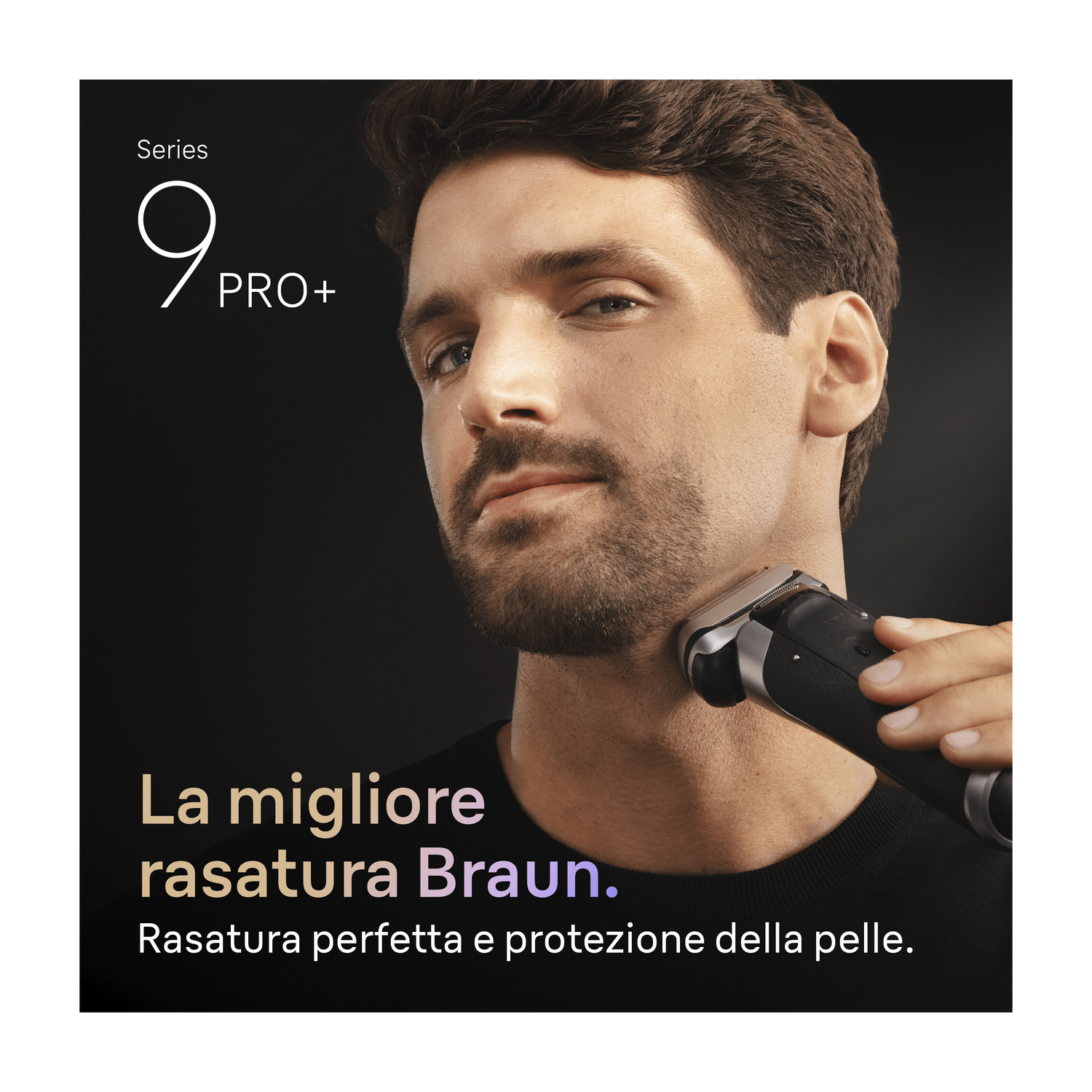 Un uomo si rade il collo con un rasoio nero Braun Series 9 Pro+ su sfondo scuro.