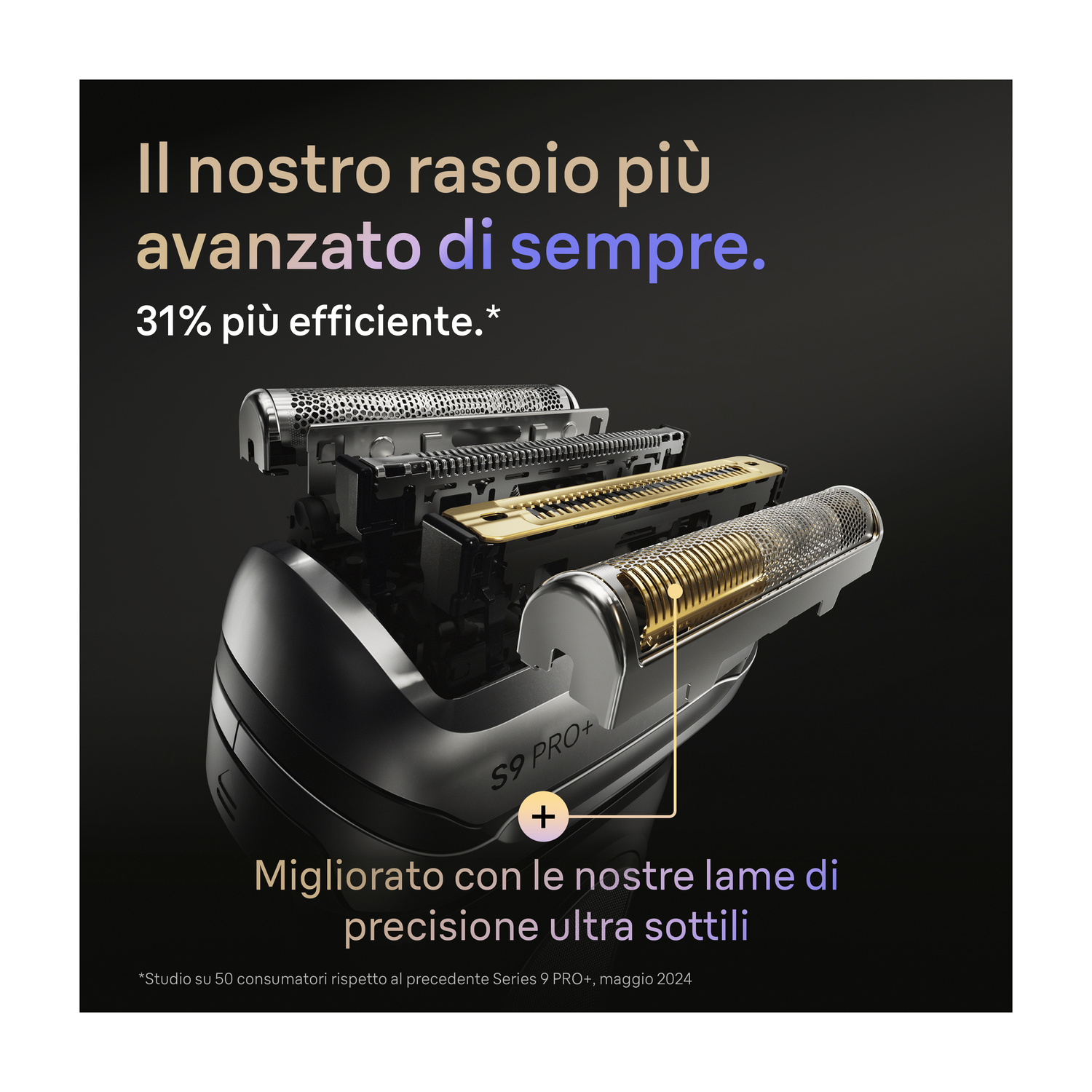Vista esplosa della testina del rasoio Braun Series 9 Pro+ con lame di precisione sottili.