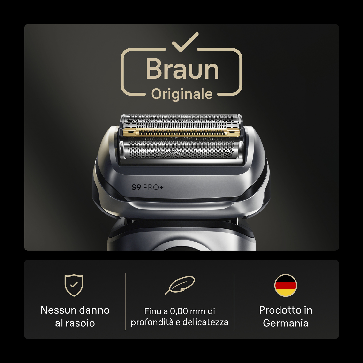 Testina rasoio Braun con tre icone sotto per i dettagli.