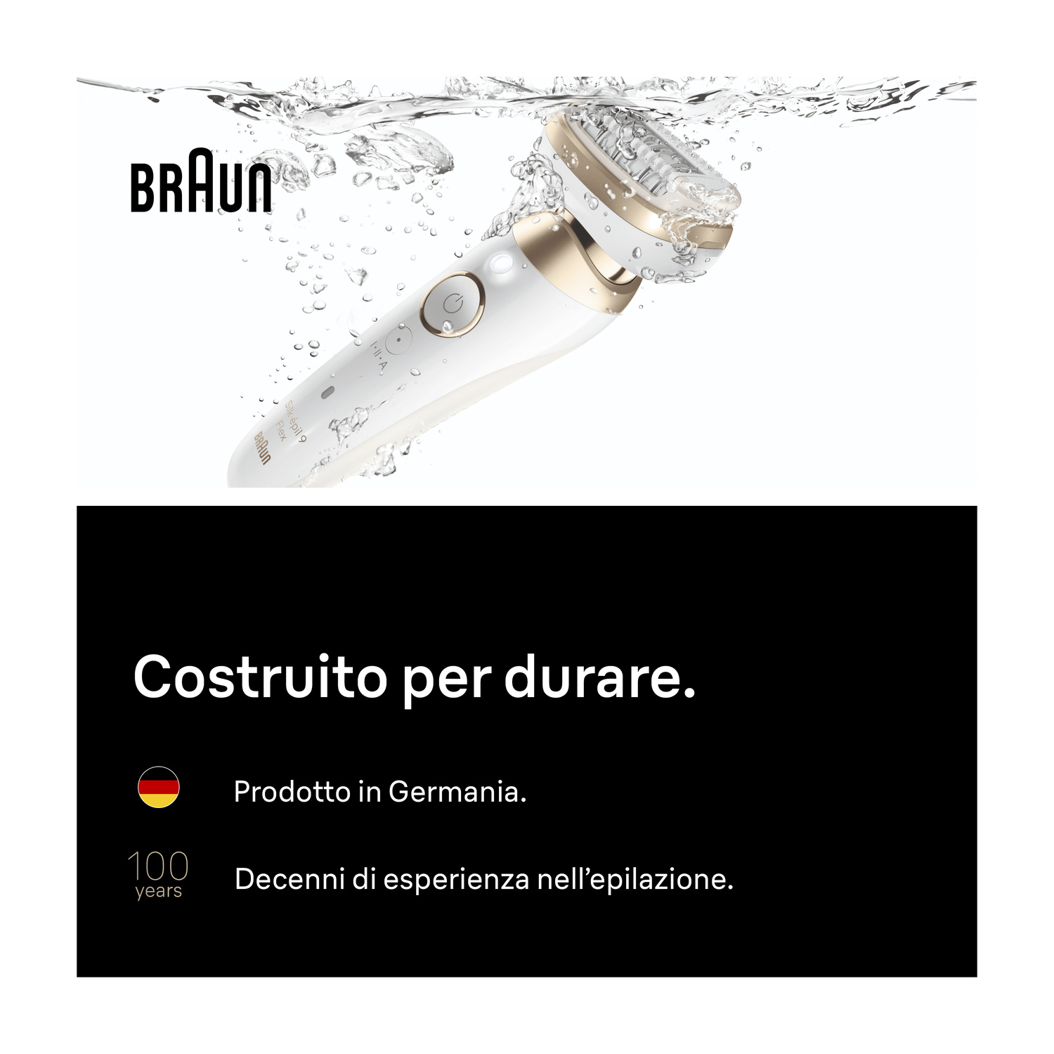 Un epilatore Braun bianco e oro sott'acqua, con testo su sfondo nero.