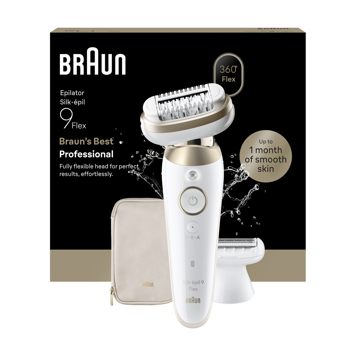 Epilatore Braun Silk-épil 9 Flex con accessori e scatola del prodotto sullo sfondo.