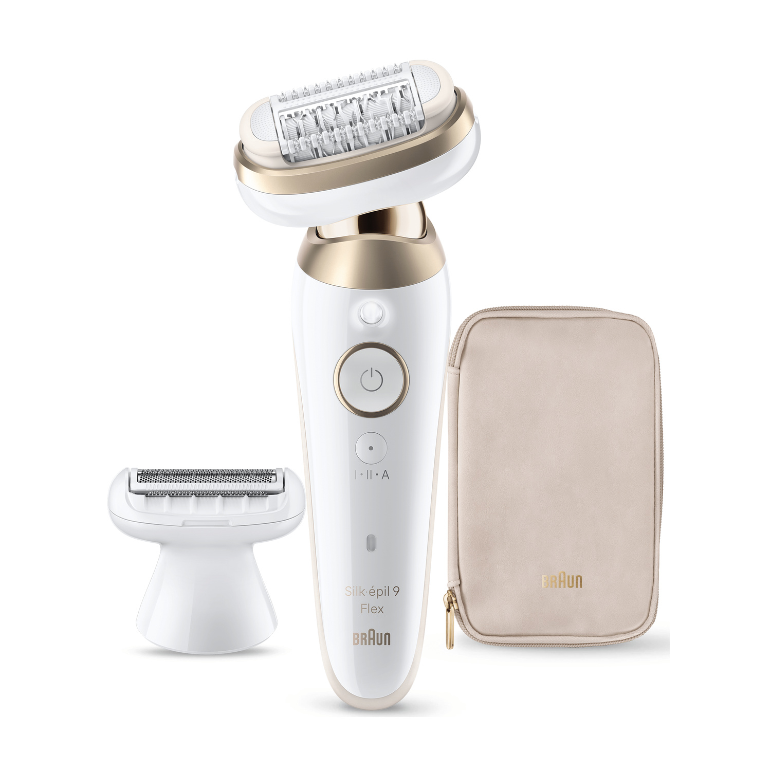 Epilatore Braun Silk-épil 9 Flex bianco e oro con testina rasoio e custodia beige su sfondo bianco.