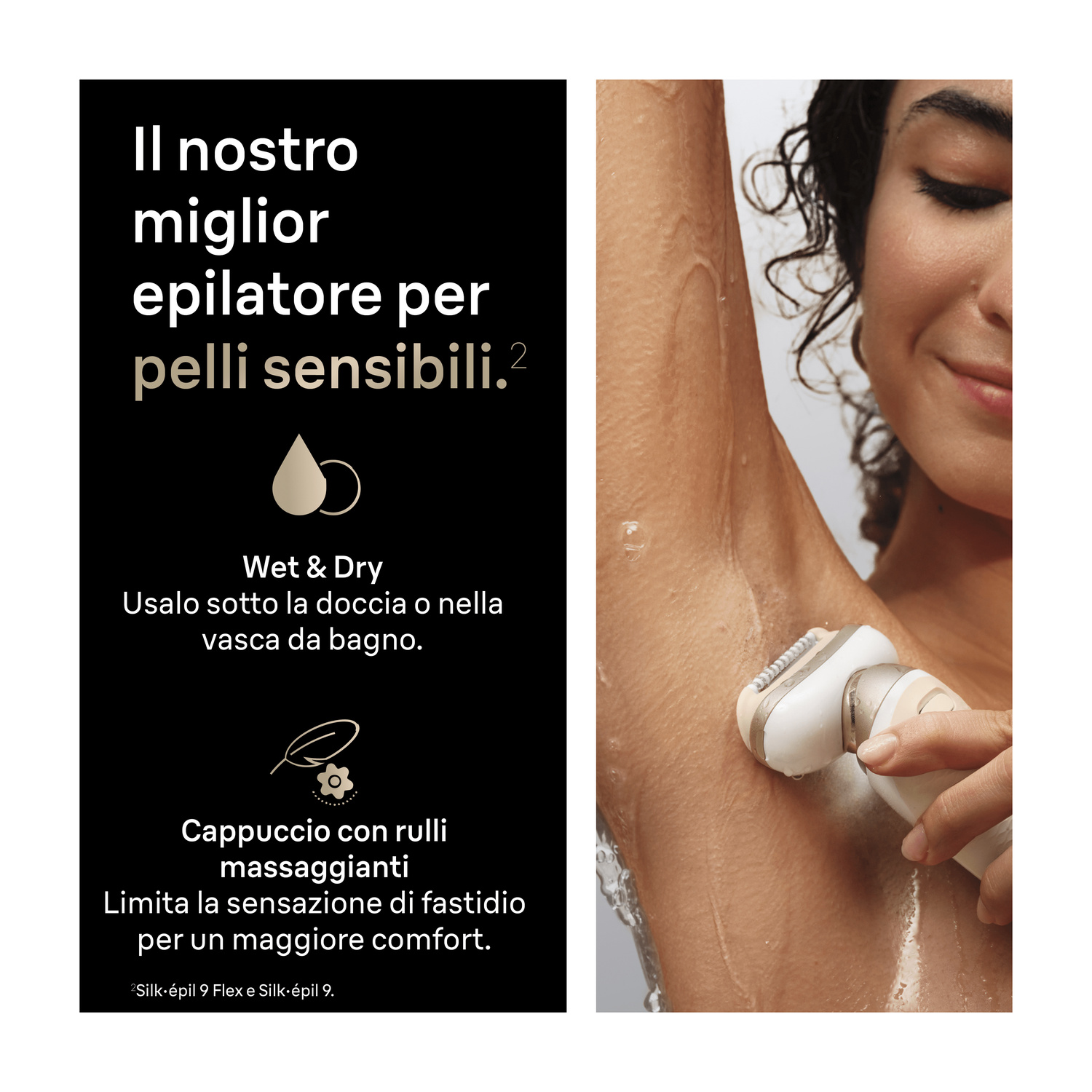 Una donna usa un epilatore bianco sotto la doccia.