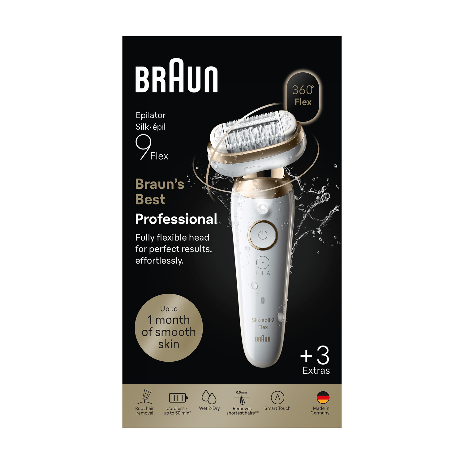 Confezione del prodotto per un epilatore Braun Silk-épil 9 Flex bianco e oro su sfondo nero.