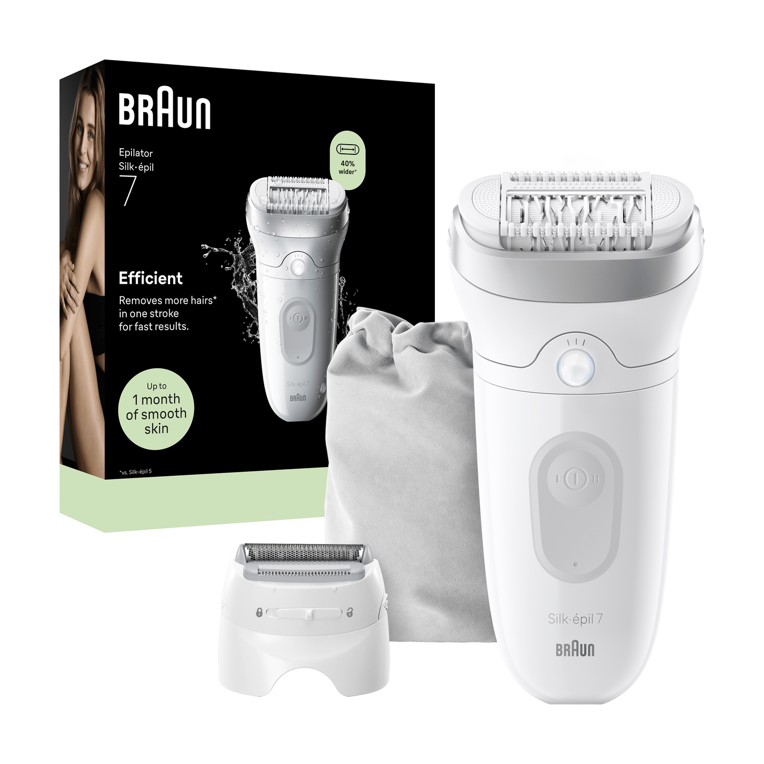 Epilatore bianco Braun Silk-épil 7 con confezione, accessori e custodia su sfondo bianco.