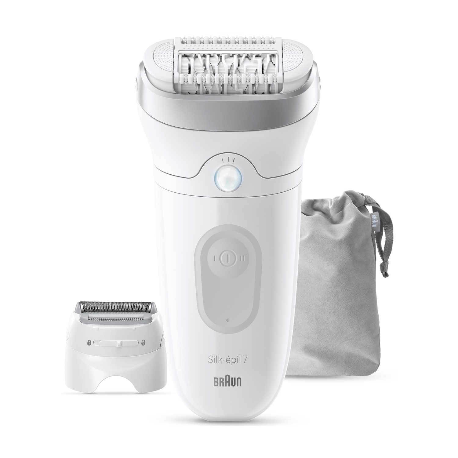 Epilatore bianco Braun Silk-épil 7 con testina accessoria e borsetta grigia su sfondo bianco.