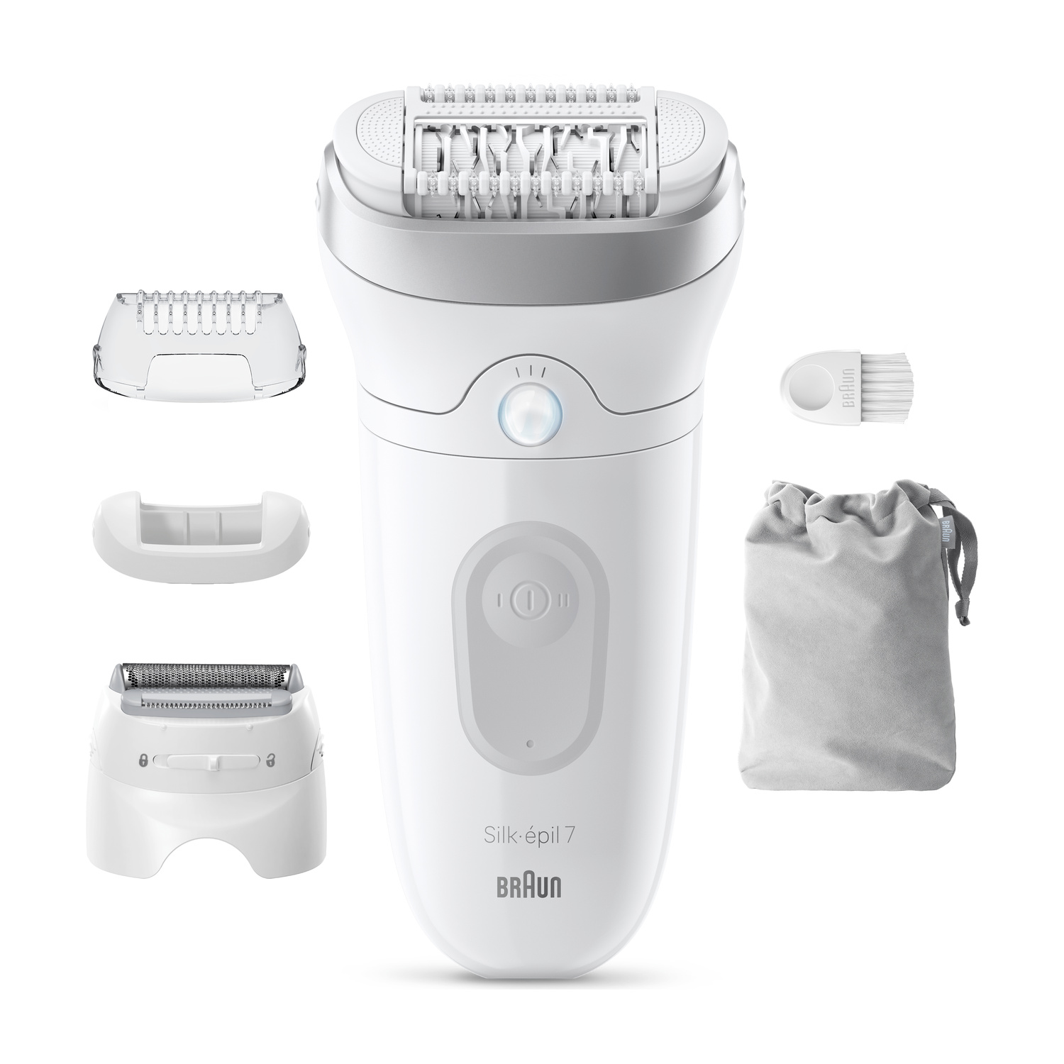 Epilatore bianco Braun Silk-épil 7 con accessori su sfondo bianco.