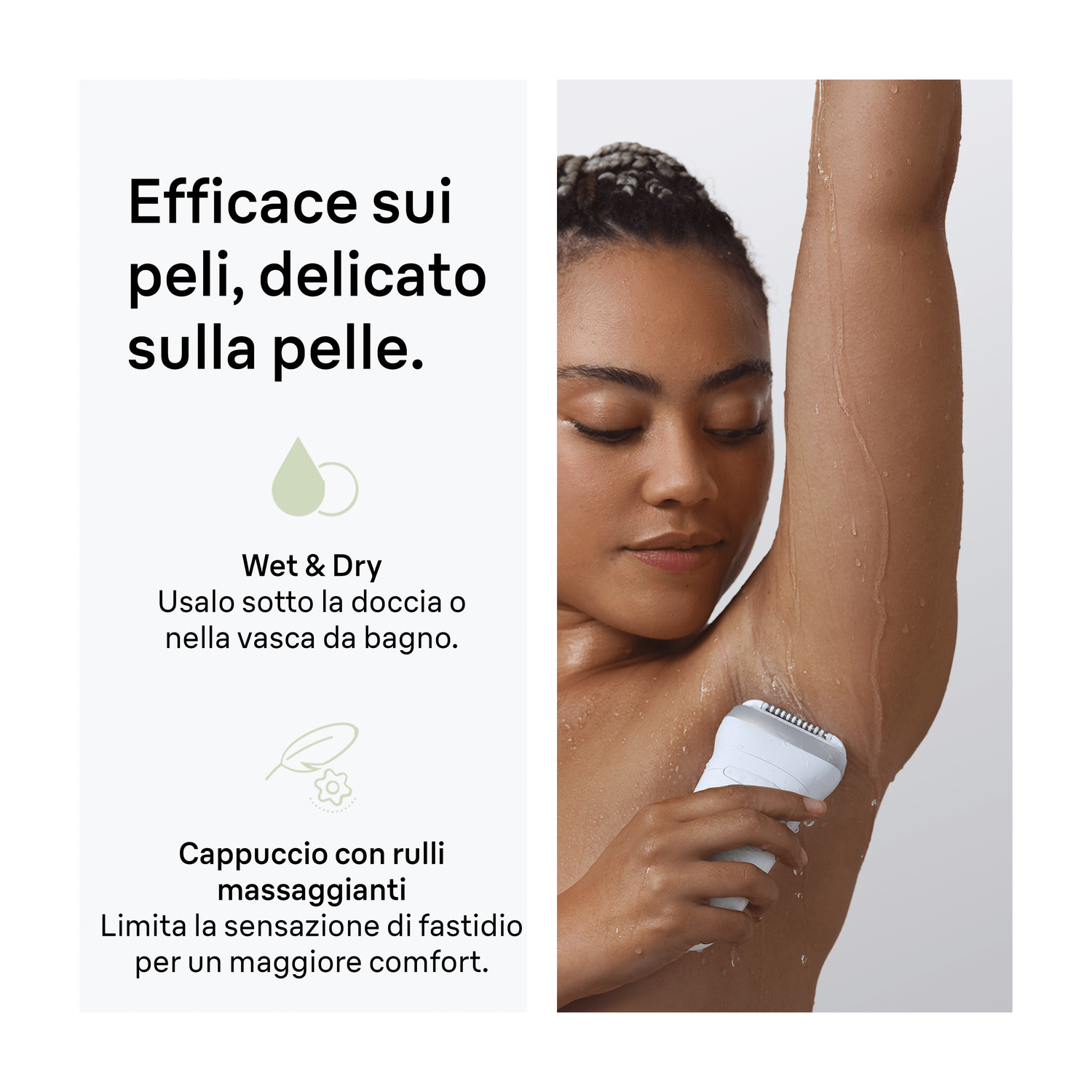 Una donna si depila l'ascella con un epilatore bianco.