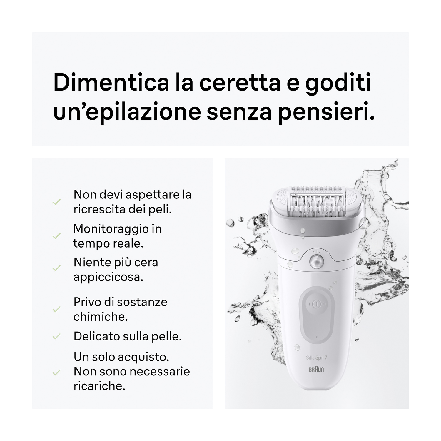Immagine promozionale dell'epilatore Braun Silk-épil 7 con testo in italiano e schizzi d'acqua.