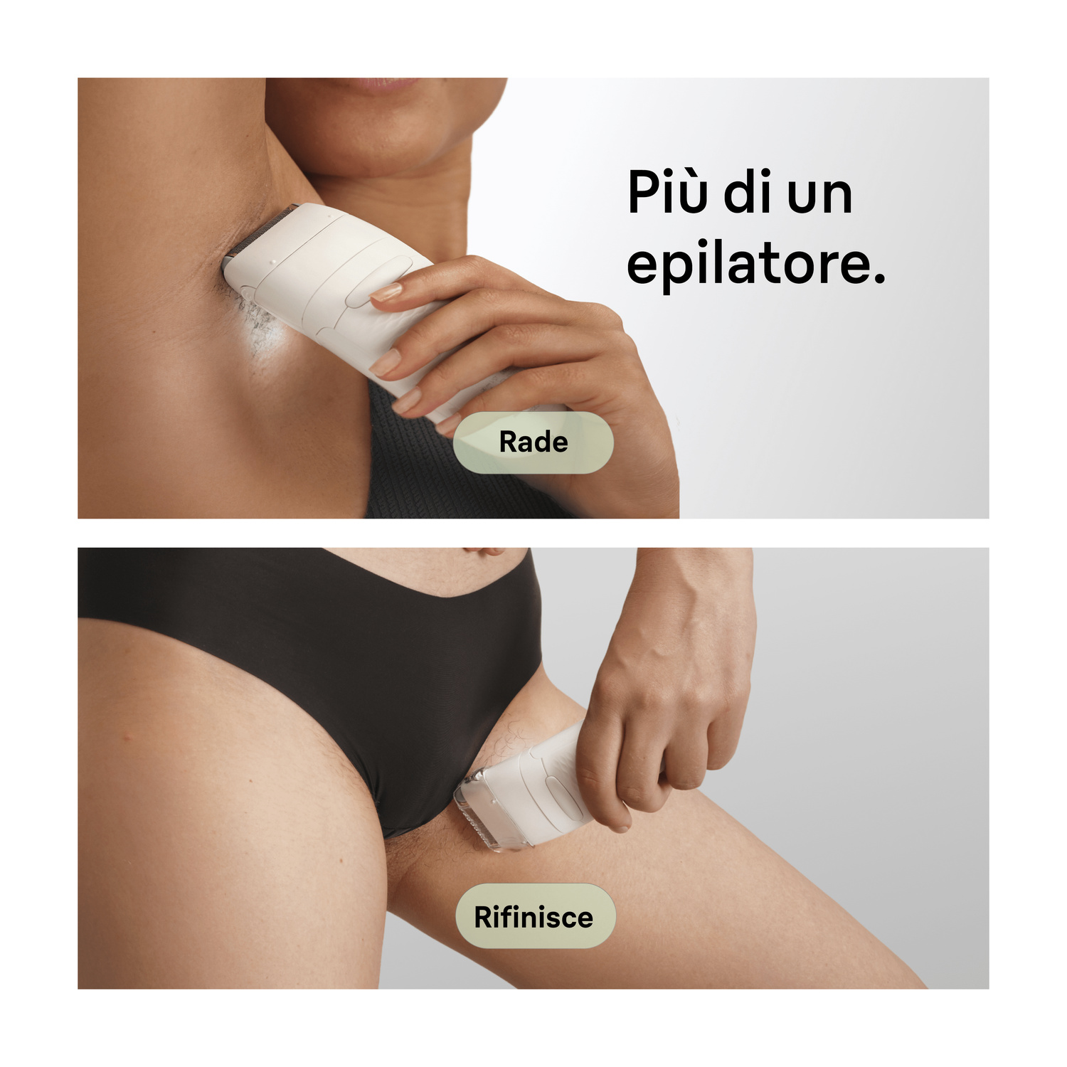 Una persona si rasate rifinisce i peli con un rasoio bianco.