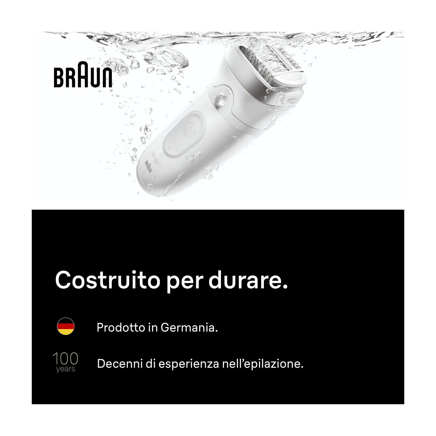 Epilatore Braun bianco sott'acqua con testo su sfondo nero.
