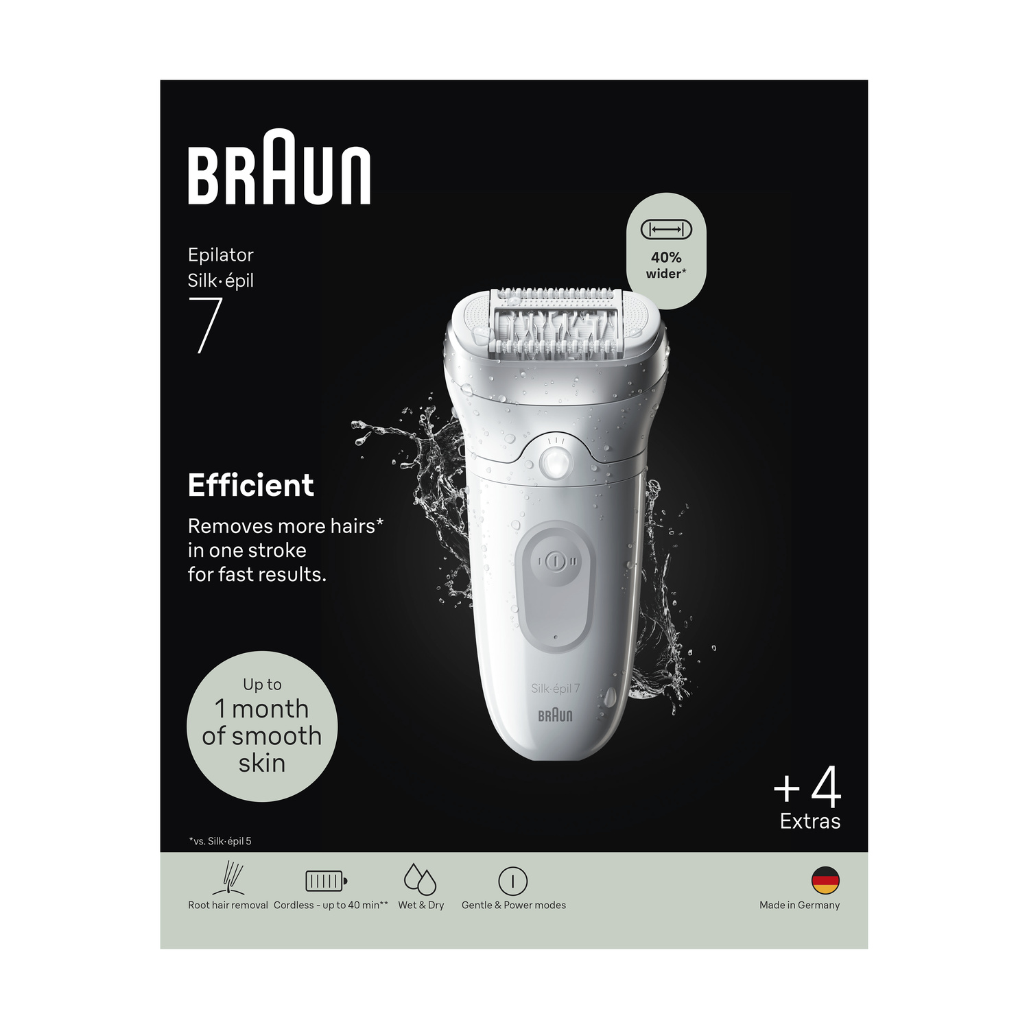 Pubblicità dell'epilatore Braun Silk-épil 7 su sfondo nero con schizzi d'acqua.