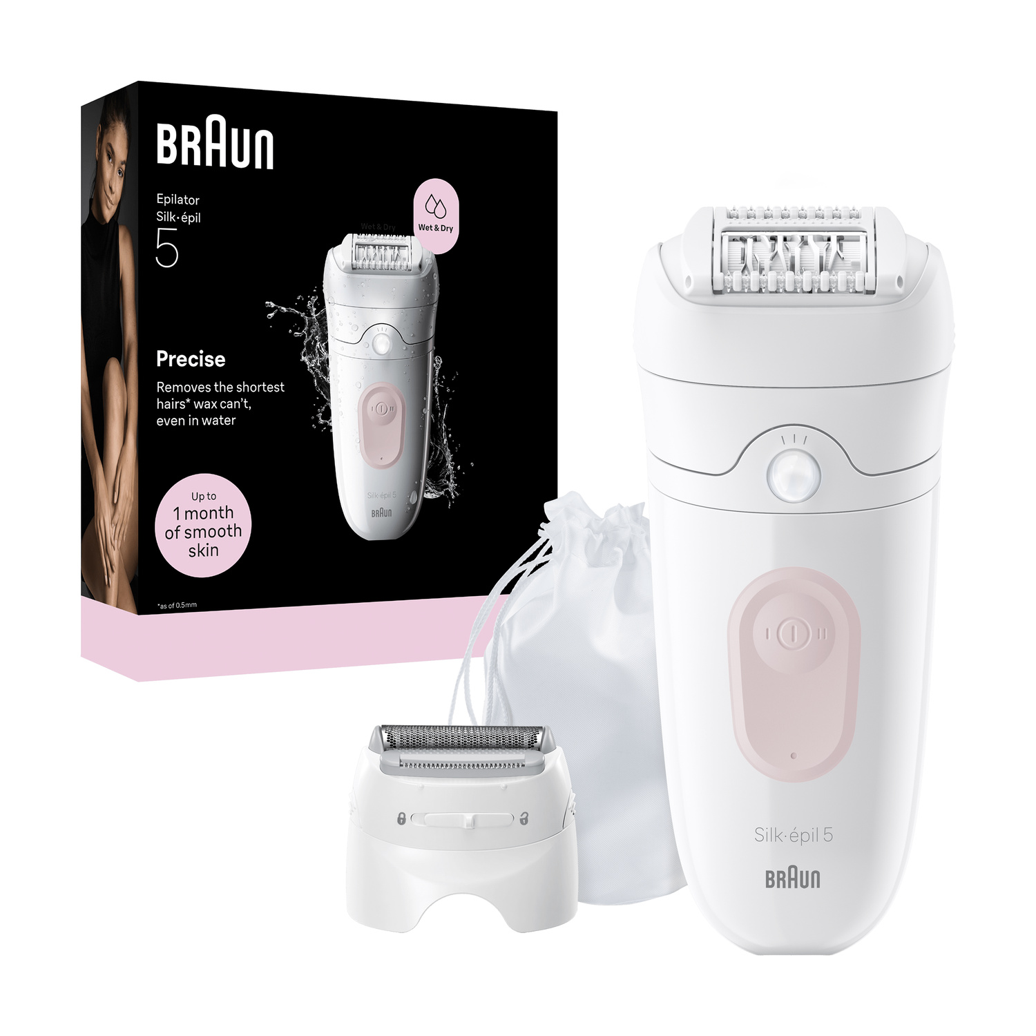 Un epilatore bianco Braun Silk-épil 5 con scatola, testina rasoio e sacchetto.