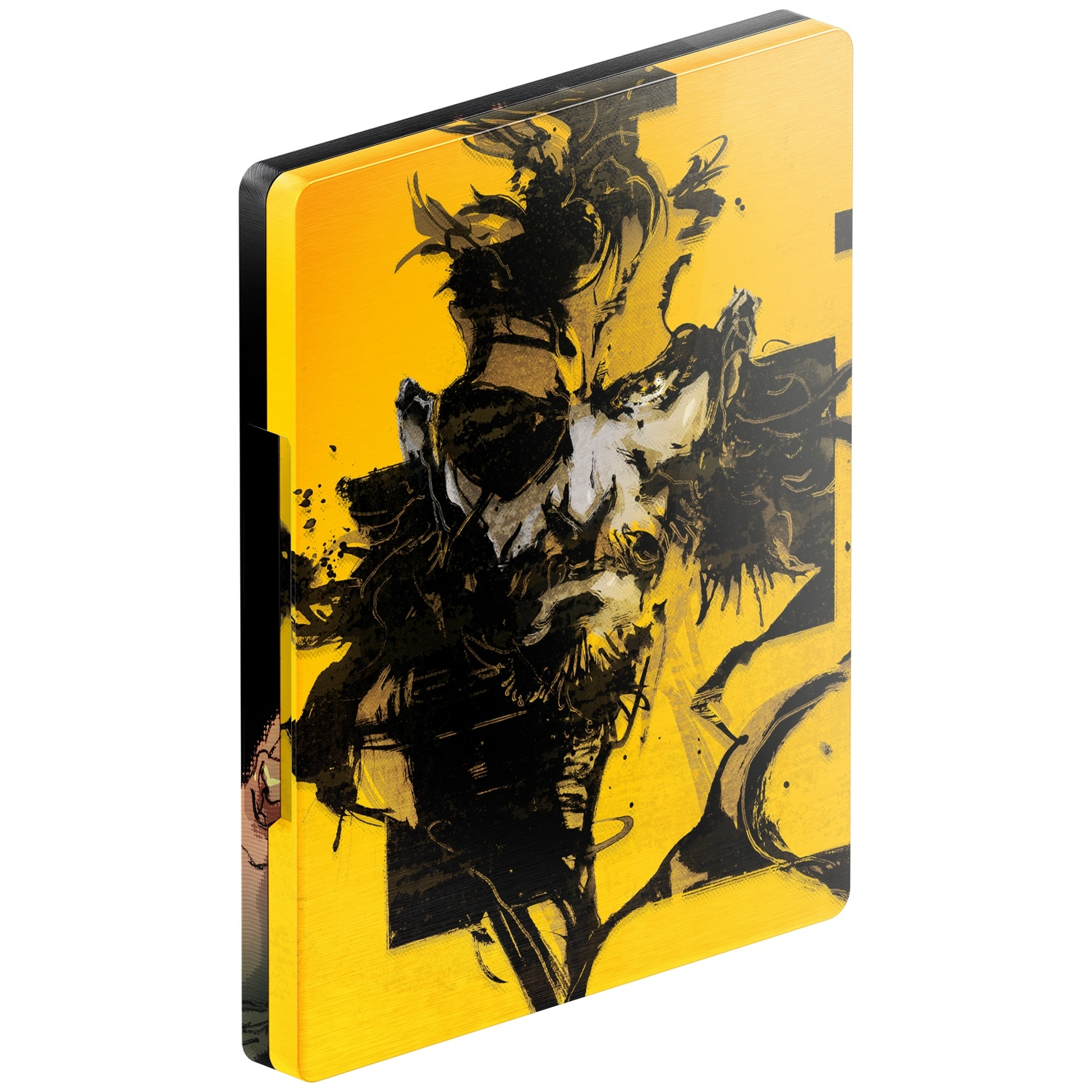 Een steelbook hoesje met een gele achtergrond en een zwarte inktillustratie van een man met een ooglapje.