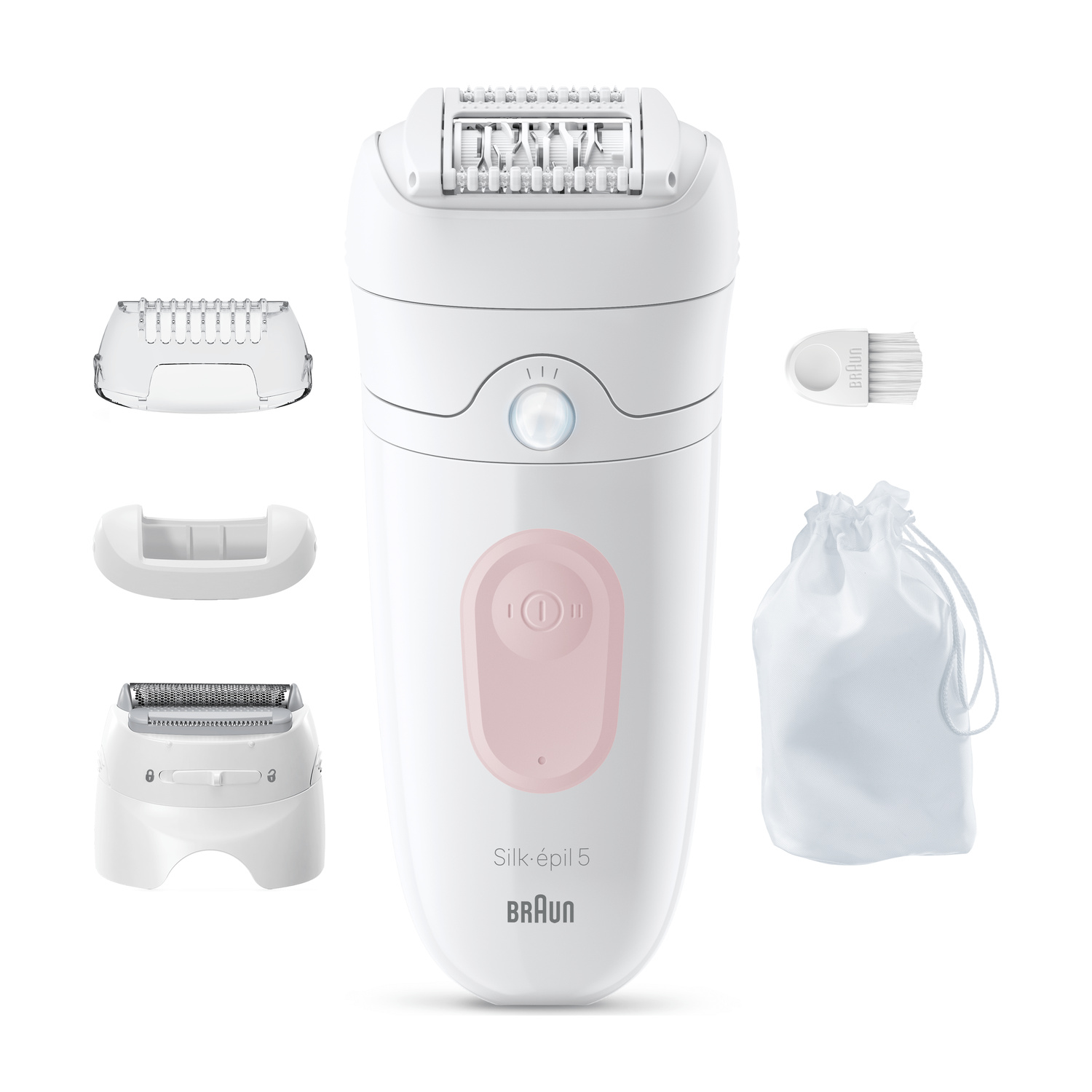 Epilatore bianco Braun Silk-épil 5 con accessori, spazzolina e borsetta.