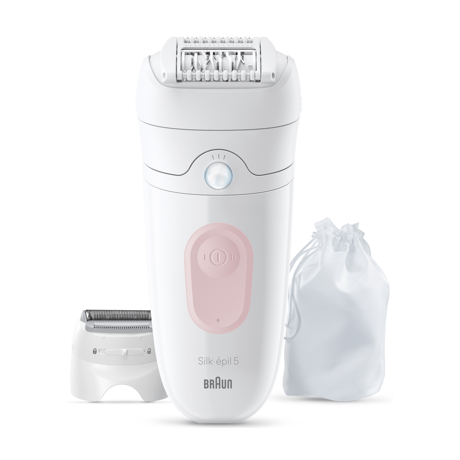 Un epilatore bianco Braun Silk-épil 5 con testina e sacchetto bianco su sfondo bianco.