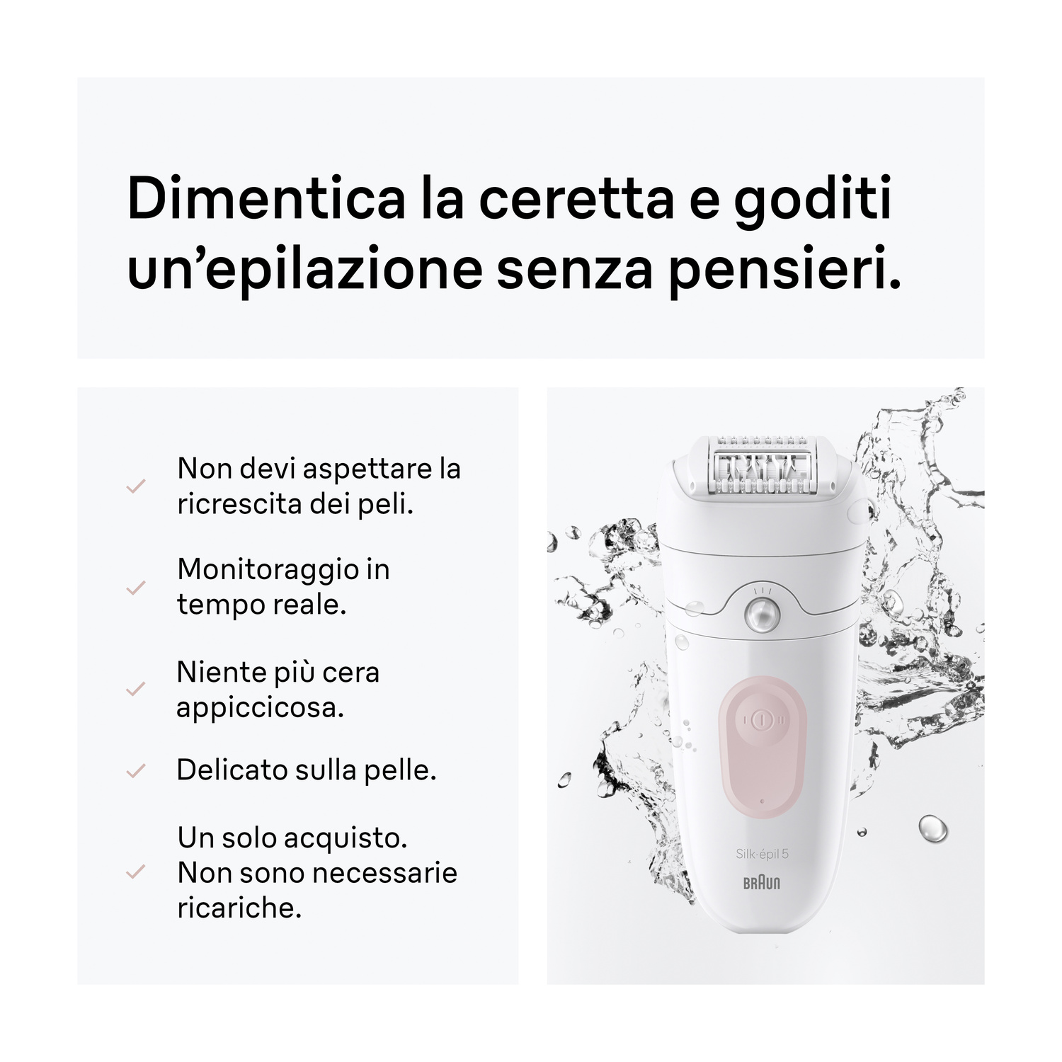 Immagine promozionale dell'epilatore Braun Silk-épil con testo in italiano e spruzzi d'acqua.