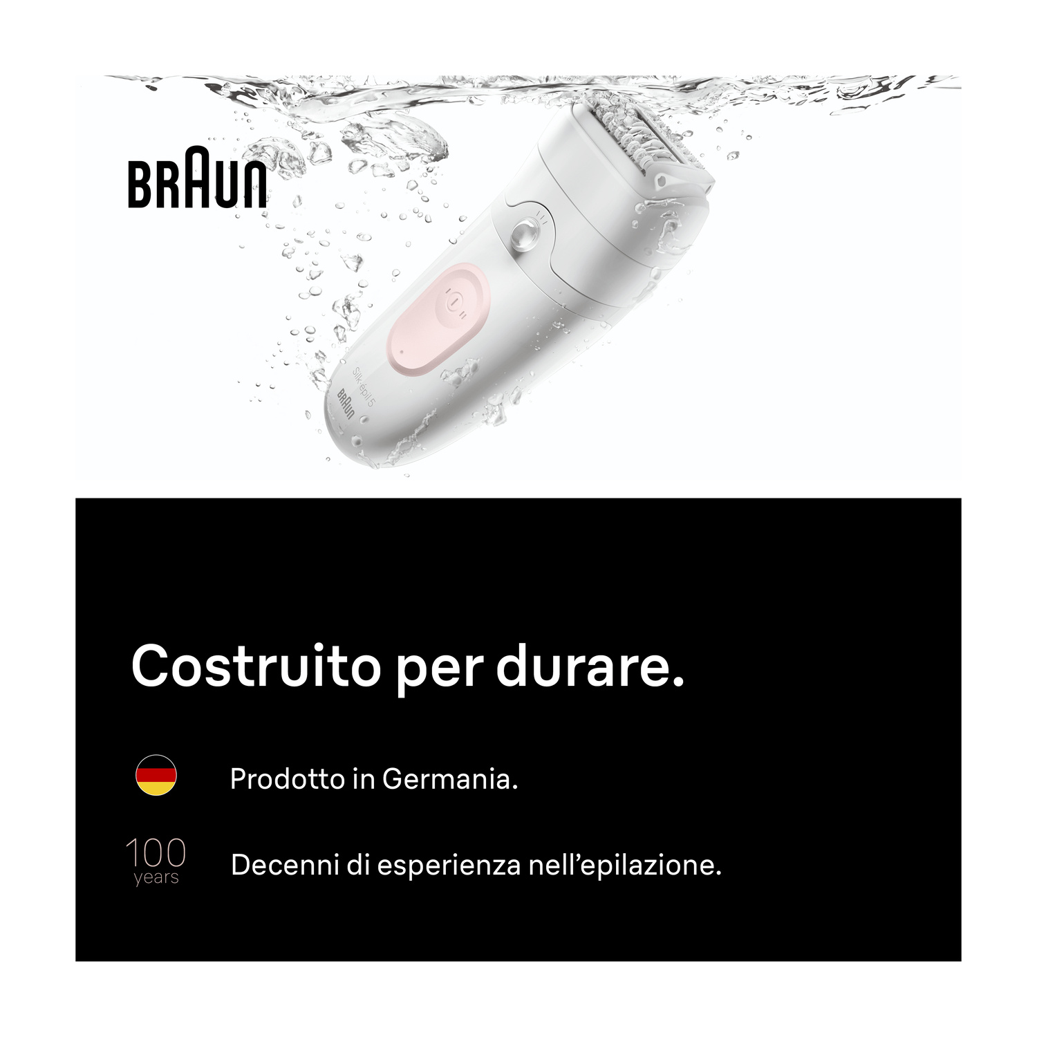 Un epilatore Braun bianco sommerso nell'acqua con del testo su sfondo nero sotto.