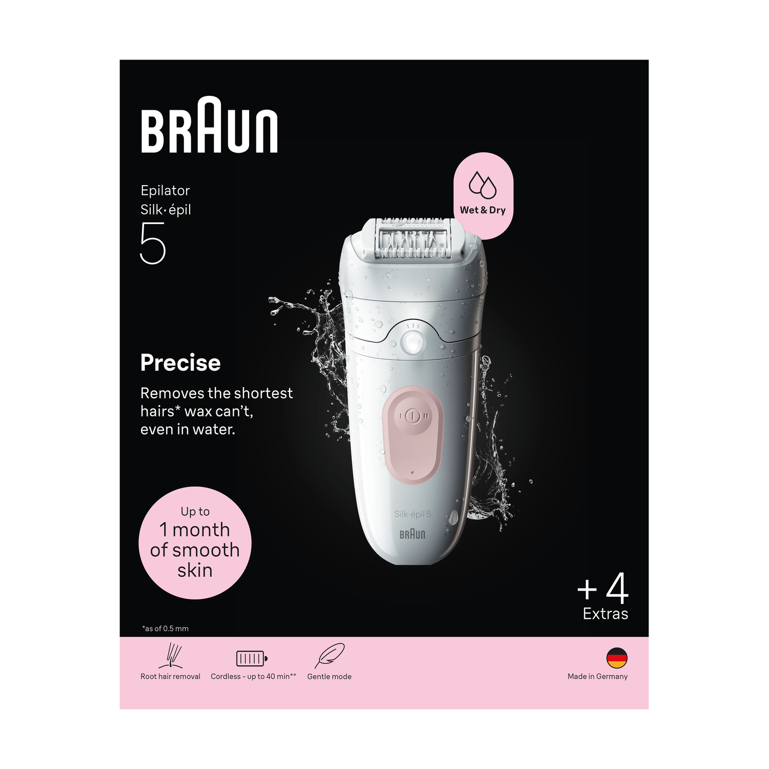 Epilatore Braun Silk-épil 5 con corpo bianco, dettagli rosa e schizzi d'acqua su sfondo nero.