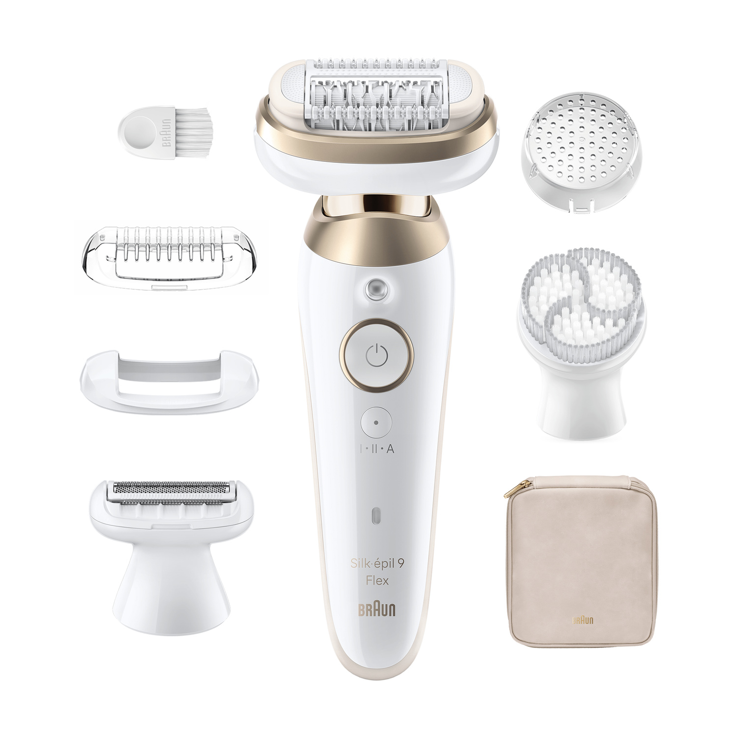 Epilatore Braun Silk-épil 9 bianco e oro con vari accessori e una custodia su sfondo bianco.