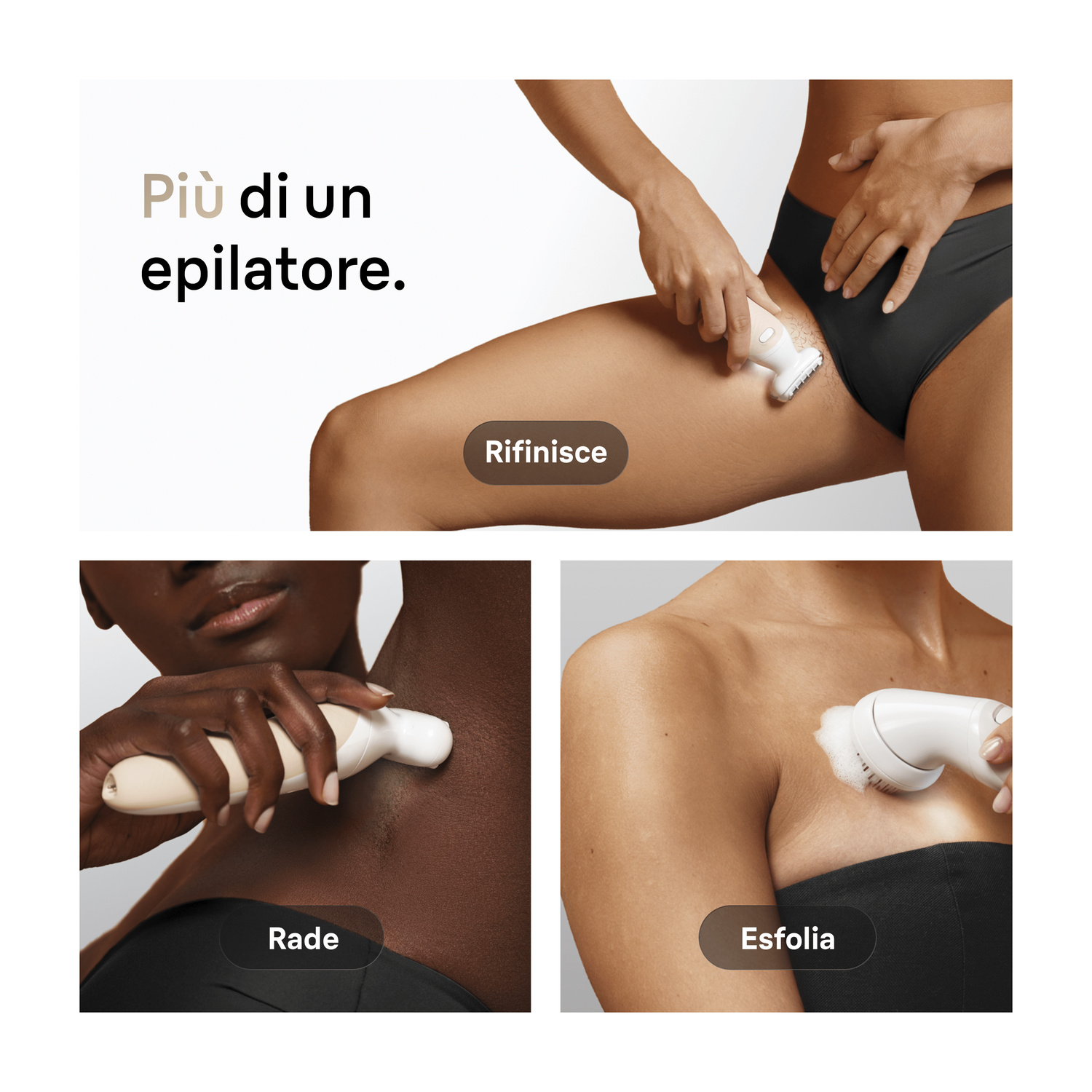 Donna usa un epilatore bianco su gambe, ascelle e per esfoliare.