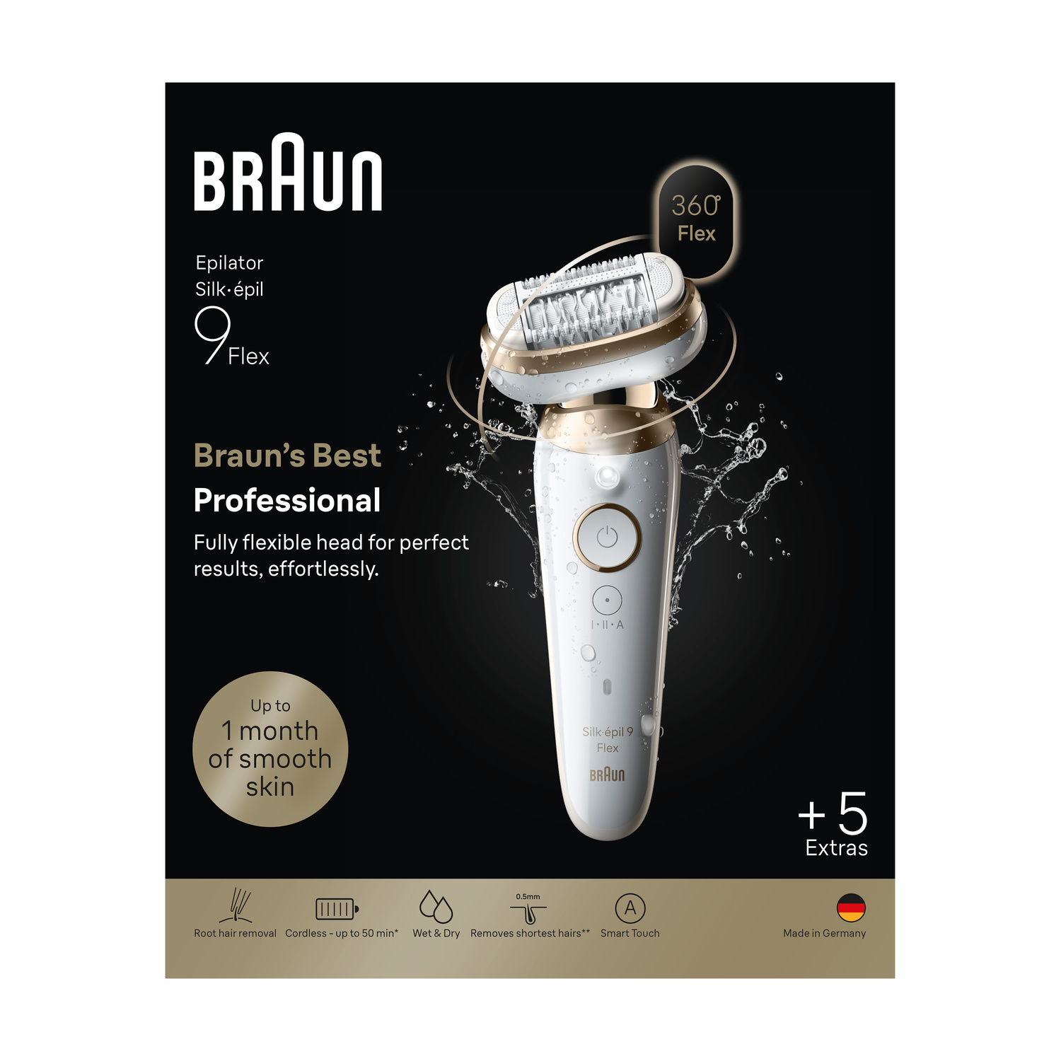 Epilatore Braun Silk-épil 9 Flex su sfondo nero con schizzi d'acqua, testo e icone.