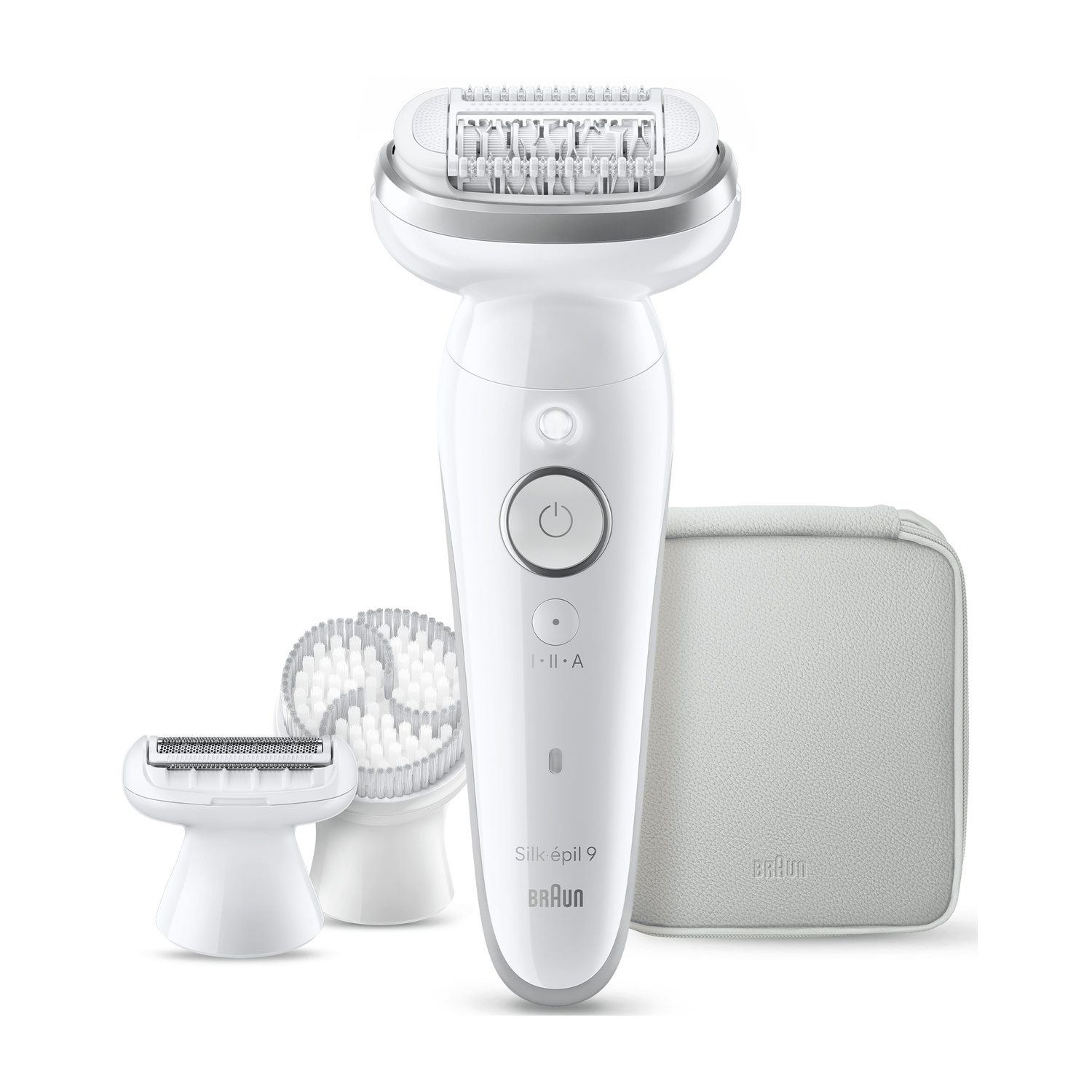 Epilatore bianco Braun Silk-épil 9 con accessori e custodia su sfondo bianco.