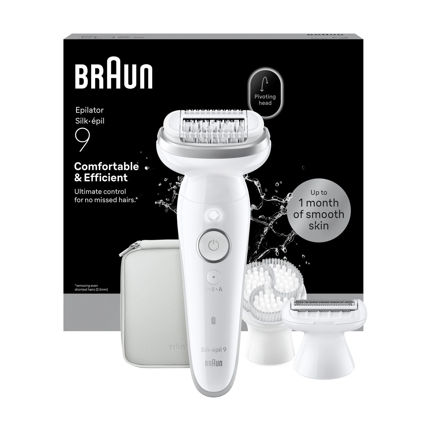 Epilatore bianco Braun Silk-épil 9 con accessori davanti a confezione nera.