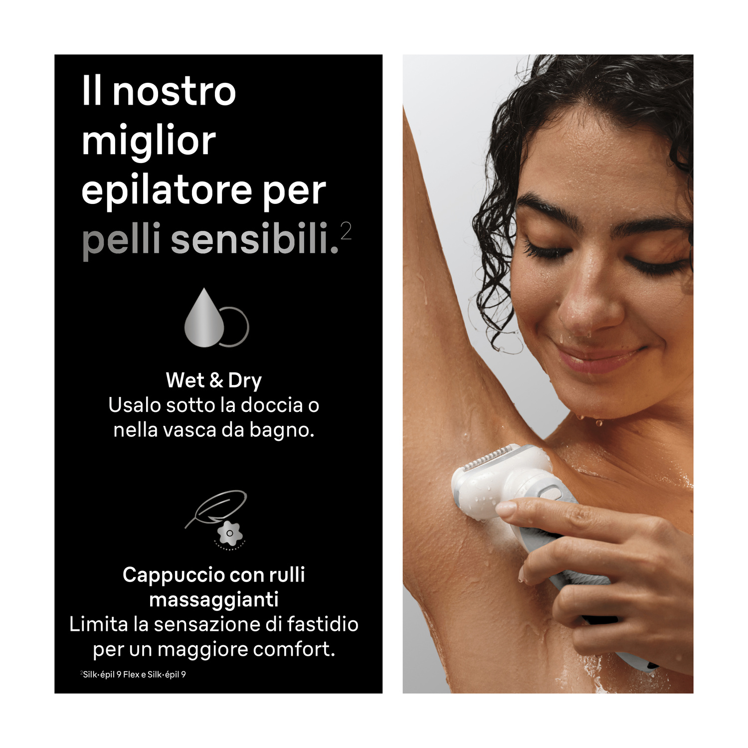 Una donna usa un epilatore bianco sotto la doccia. Testo su sfondo nero.