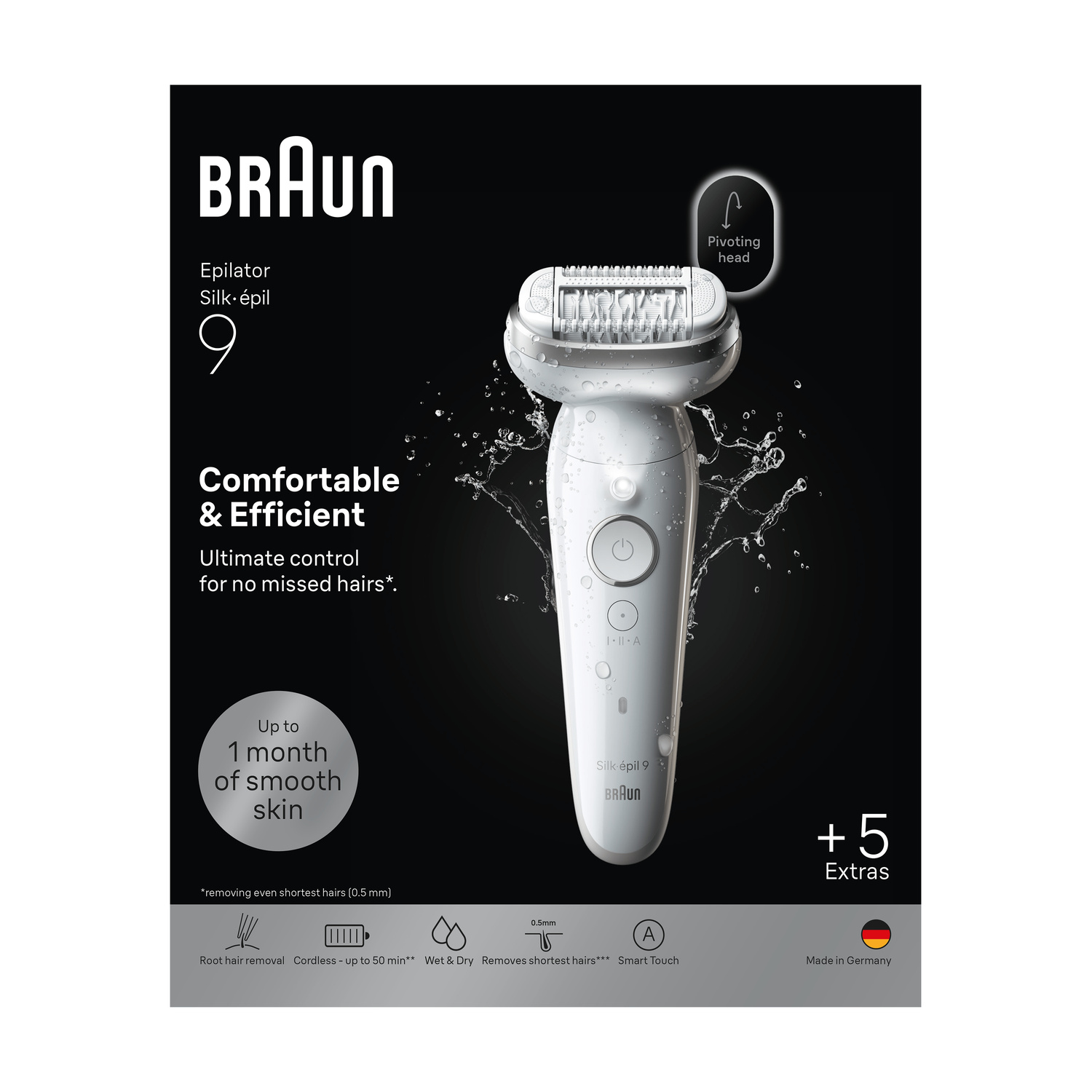 Un epilatore bianco Braun Silk-épil 9 su sfondo nero con schizzi d'acqua e testo.
