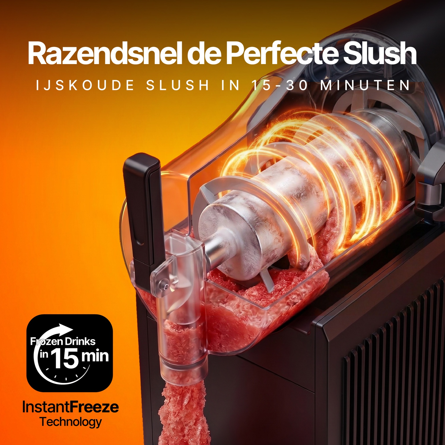 Een zwarte slushmachine verwerkt rode vloeistof tot slush met een oplichtende roterende cilinder.
