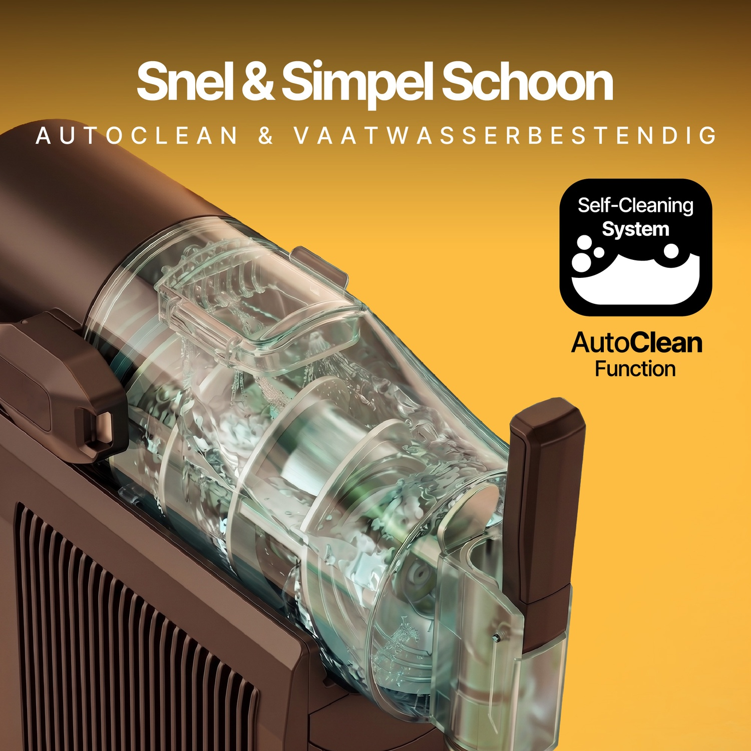 Bruine koffiemachine met transparant waterreservoir en autoclean-functie tegen gele achtergrond.