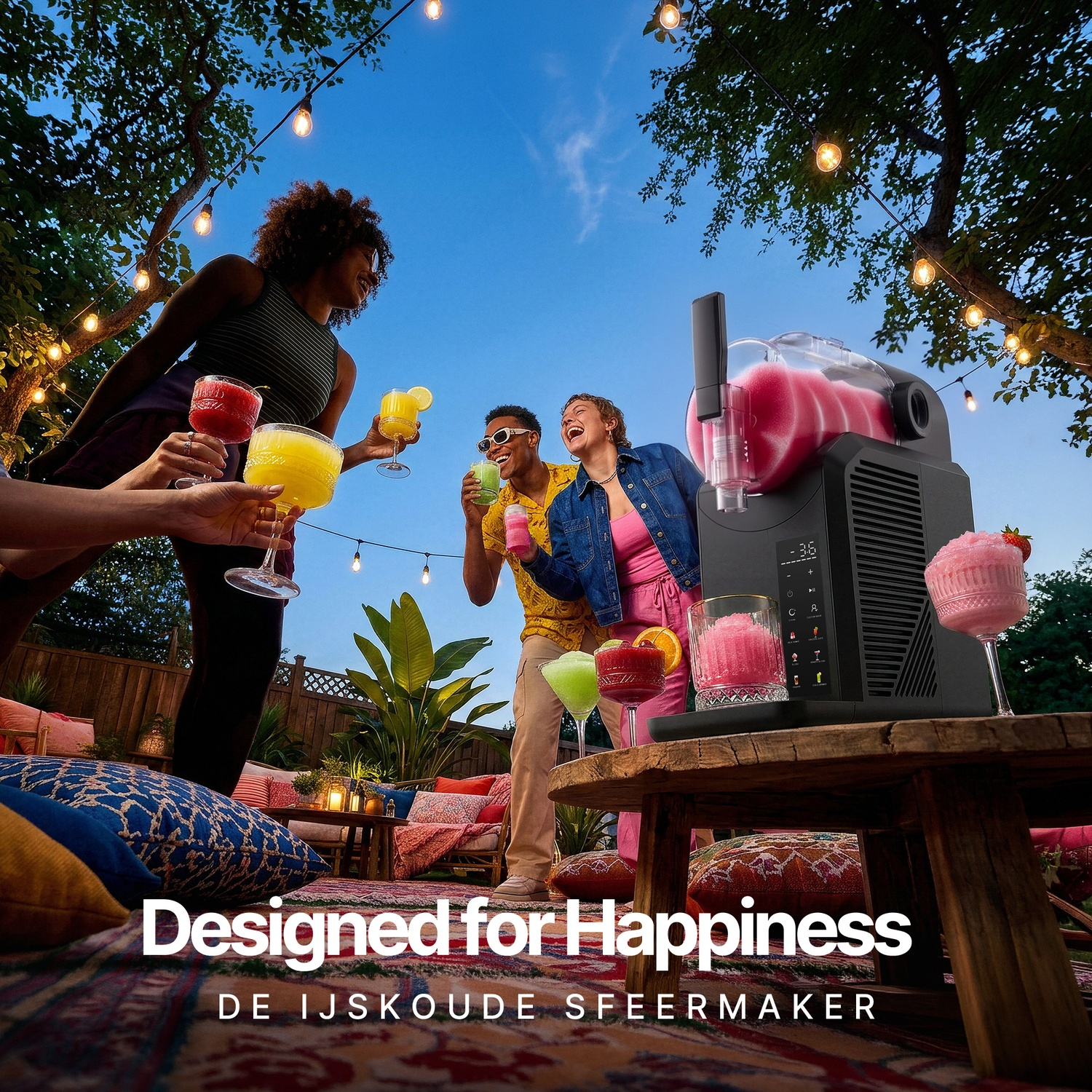 Vrienden feesten buitenshuis met een slush-maker, cocktails en kleurrijke kussens onder sfeerverlichting.