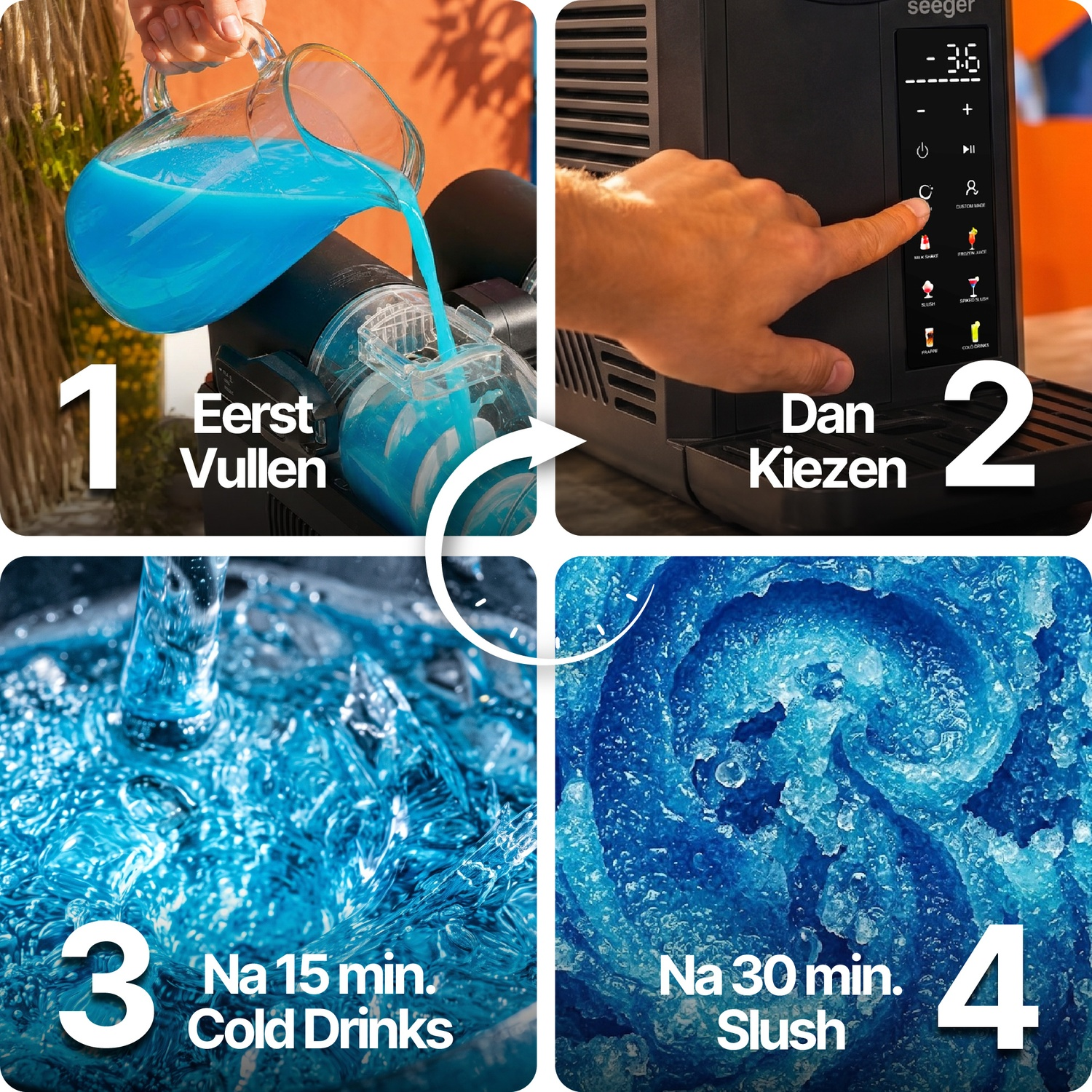 Vier stappen: 1. Eerst vullen, 2. Dan kiezen, 3. Na 15 min cold drinks, 4. Na 30 min slush.